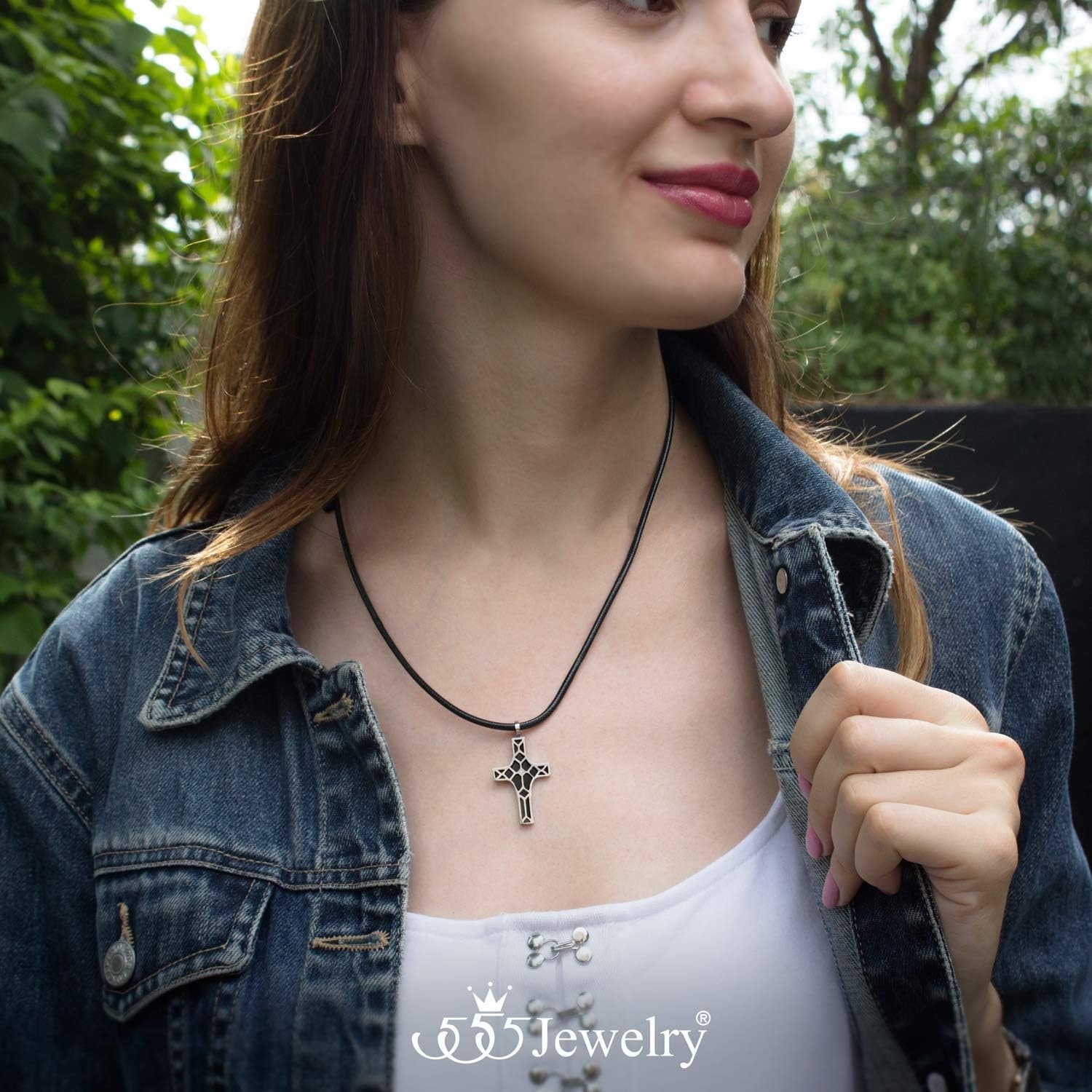 image:image555Jewelry Stainless Steel Cross Pendant CZ Stone Black Rope Cord NecklaceSilver Black
