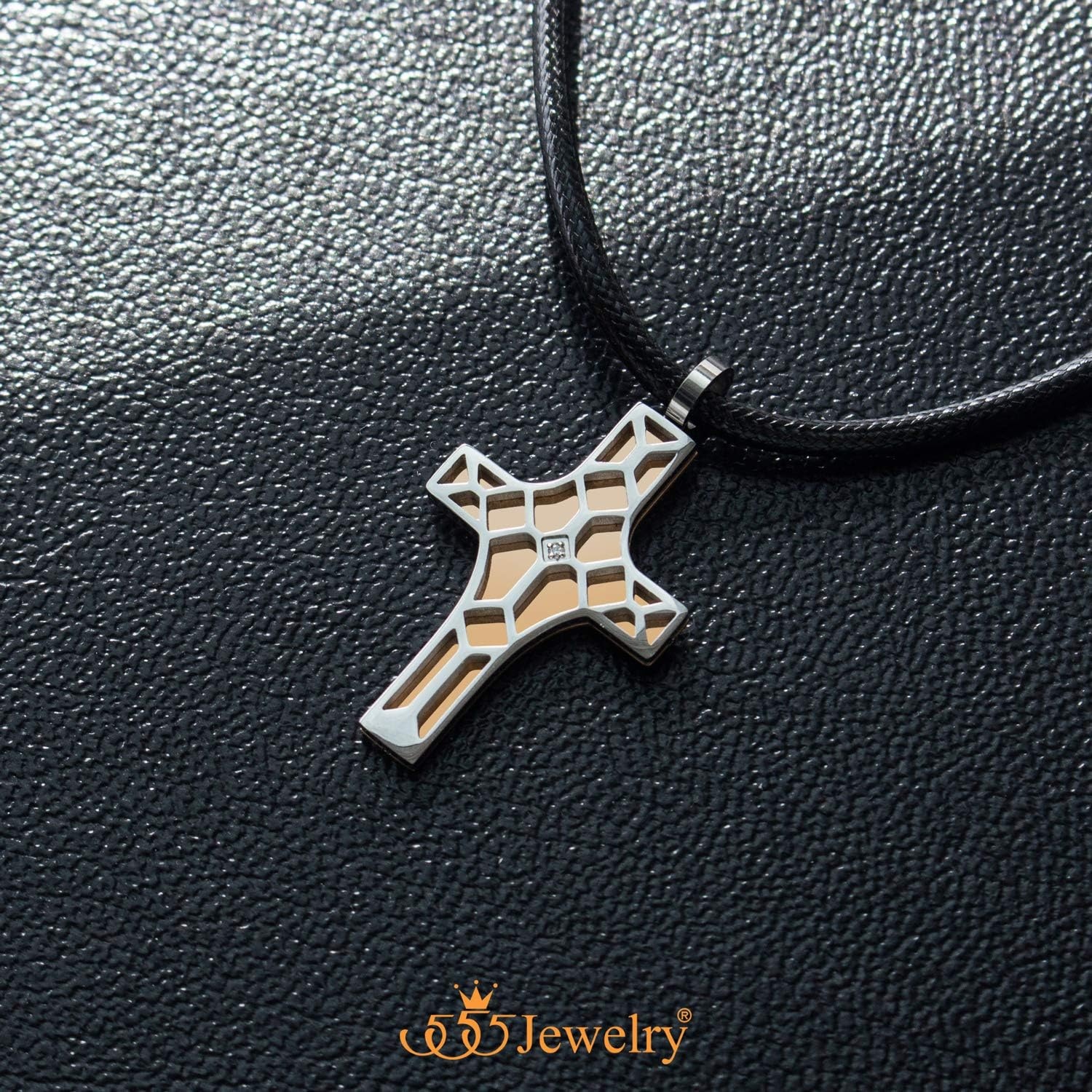 image:image555Jewelry Stainless Steel Cross Pendant CZ Stone Black Rope Cord NecklaceSilver Pink Gold