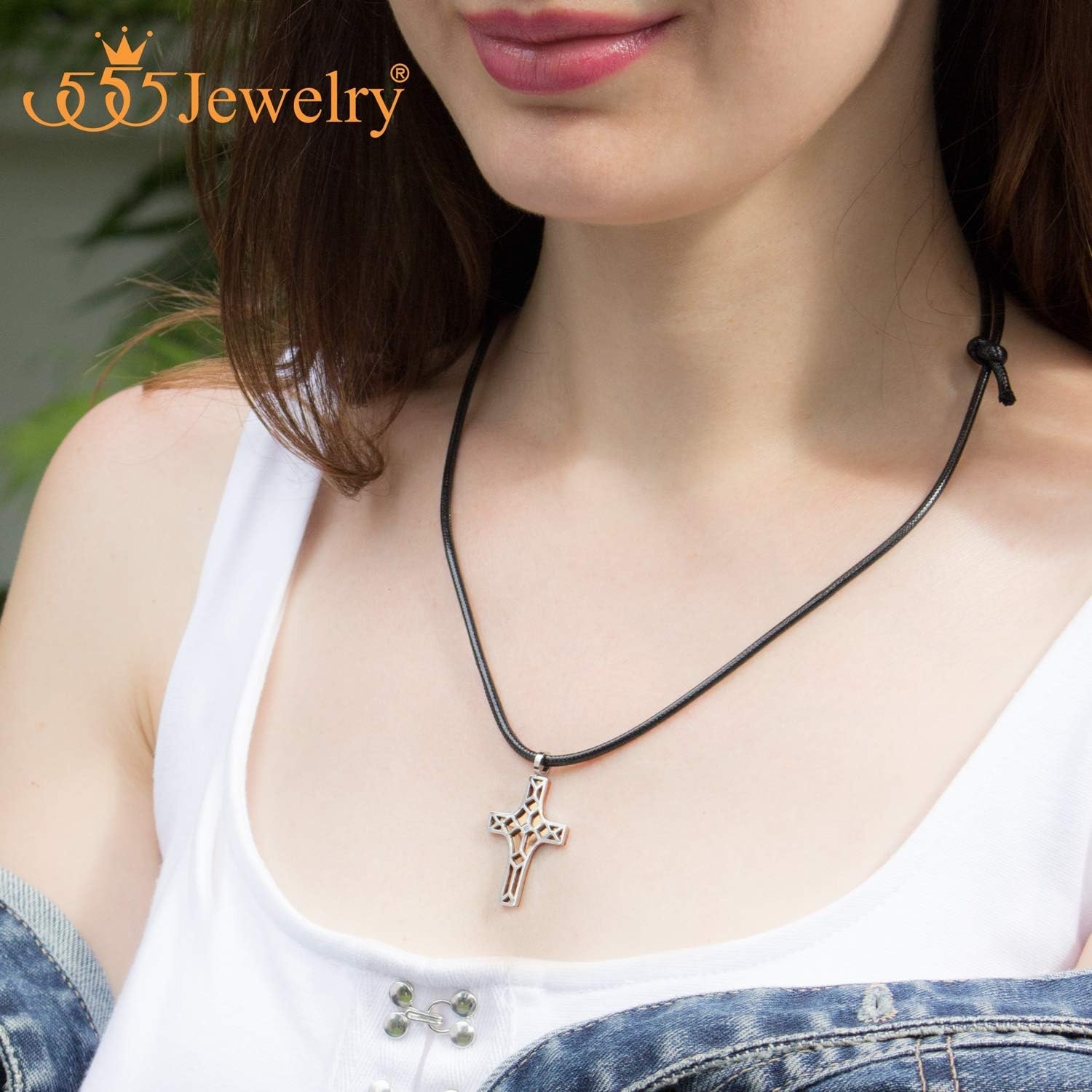 image:image555Jewelry Stainless Steel Cross Pendant CZ Stone Black Rope Cord NecklaceSilver Pink Gold