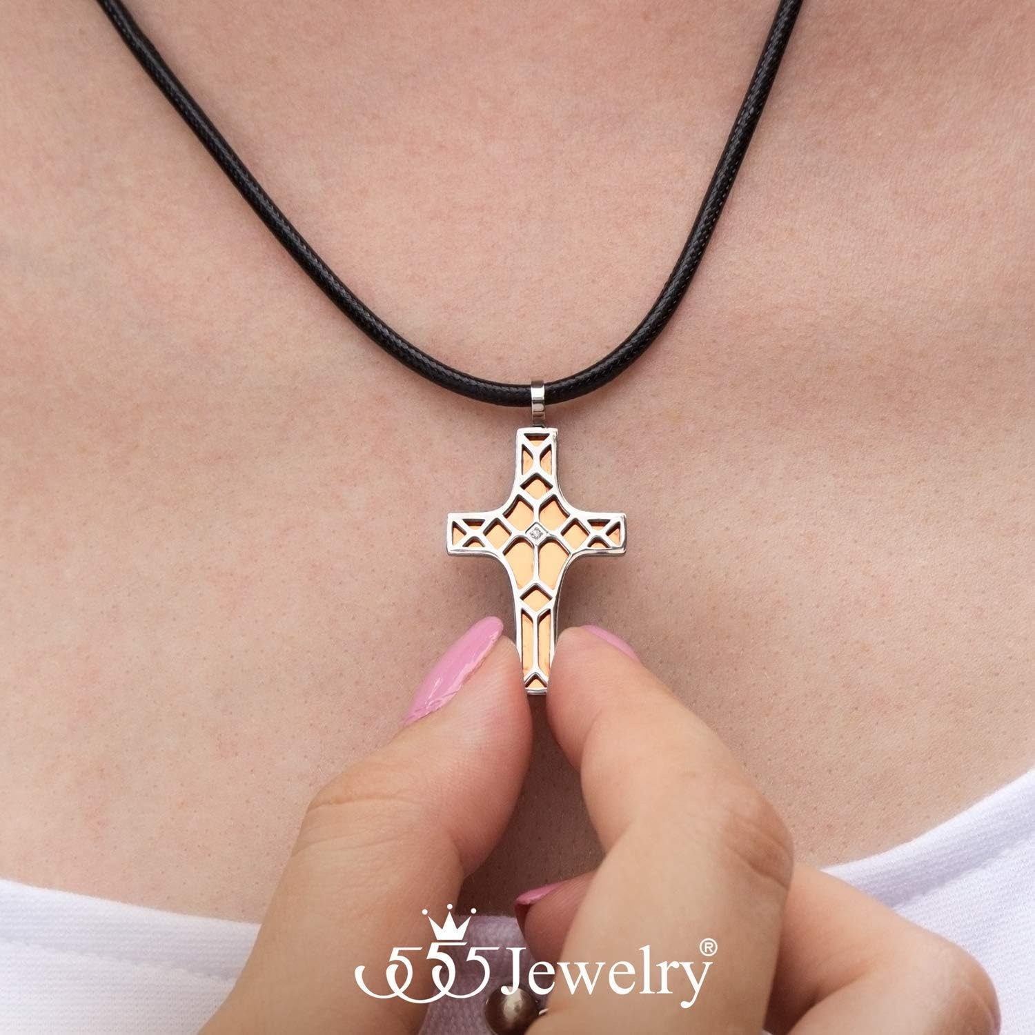 image:image555Jewelry Stainless Steel Cross Pendant CZ Stone Black Rope Cord NecklaceSilver Pink Gold