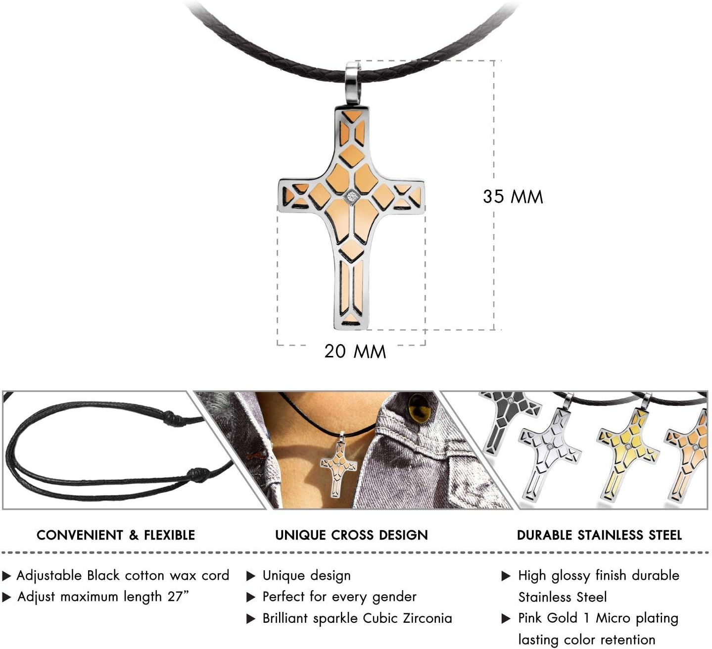 image:image555Jewelry Stainless Steel Cross Pendant CZ Stone Black Rope Cord NecklaceSilver Pink Gold