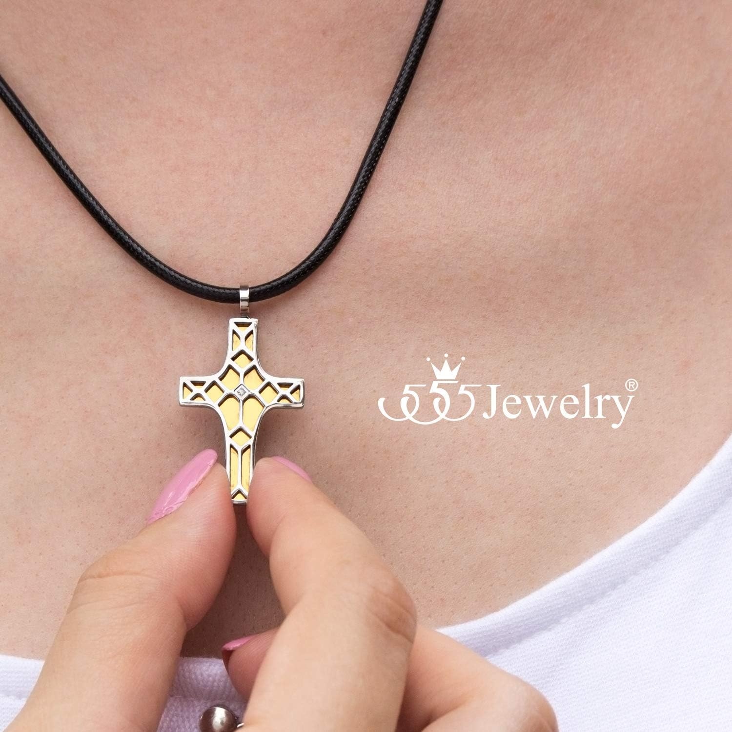 image:image555Jewelry Stainless Steel Cross Pendant CZ Stone Black Rope Cord NecklaceSilver Yellow Gold