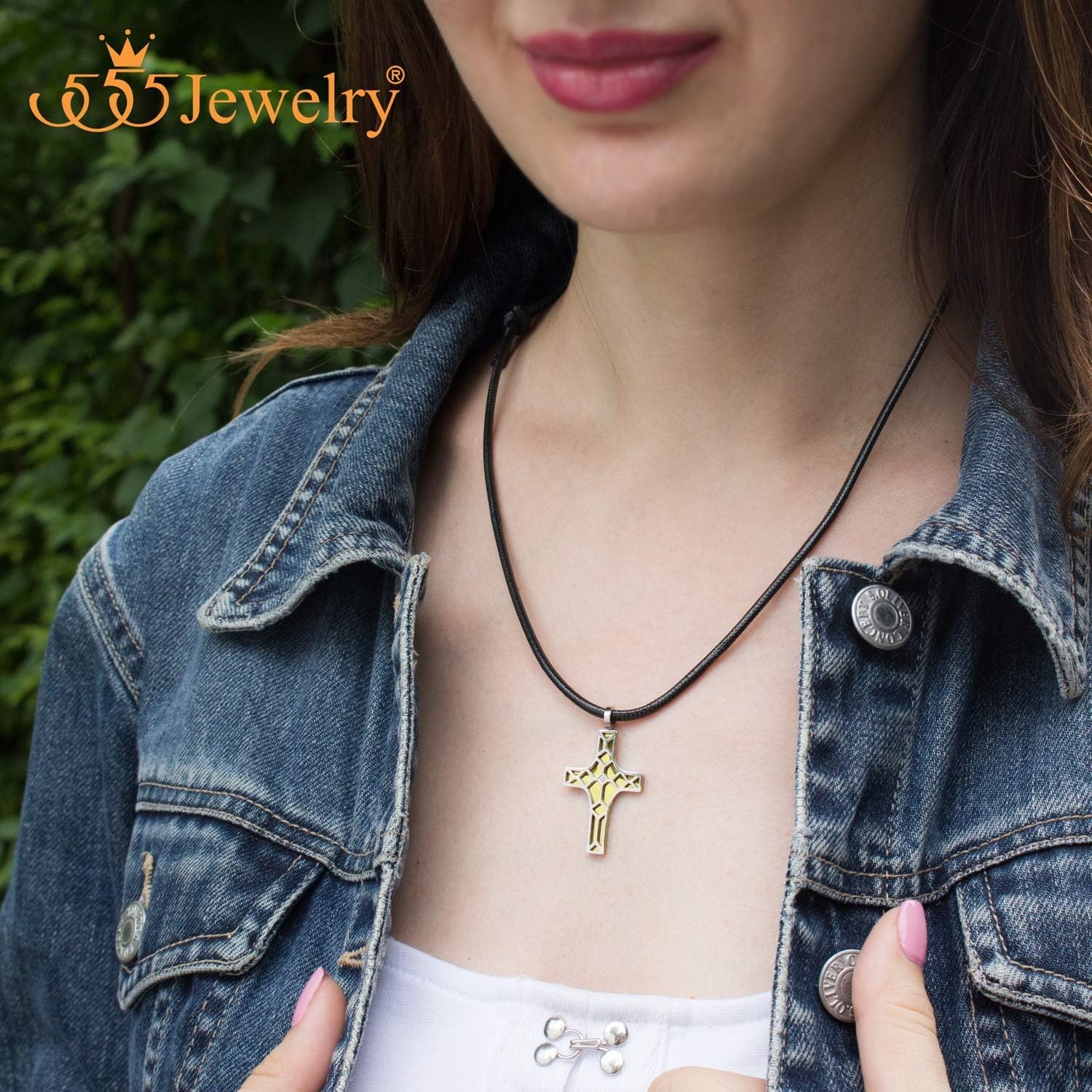 image:image555Jewelry Stainless Steel Cross Pendant CZ Stone Black Rope Cord NecklaceSilver Yellow Gold