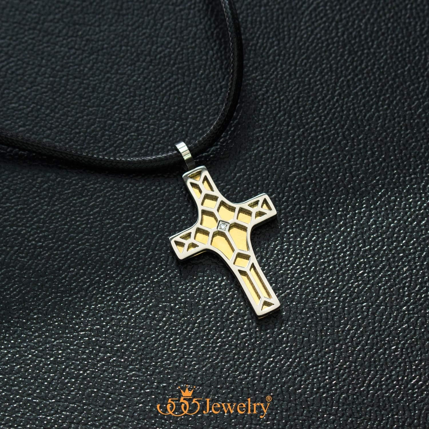 image:image555Jewelry Stainless Steel Cross Pendant CZ Stone Black Rope Cord NecklaceSilver Yellow Gold