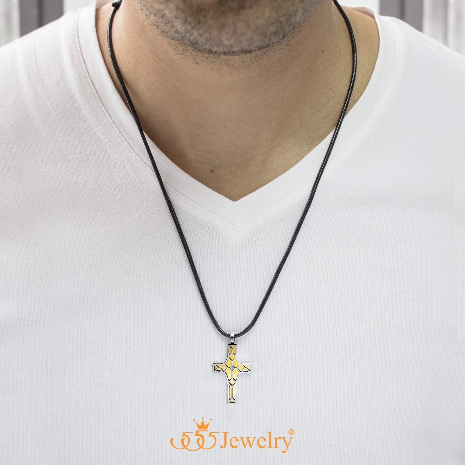 image:image555Jewelry Stainless Steel Cross Pendant CZ Stone Black Rope Cord NecklaceSilver Yellow Gold