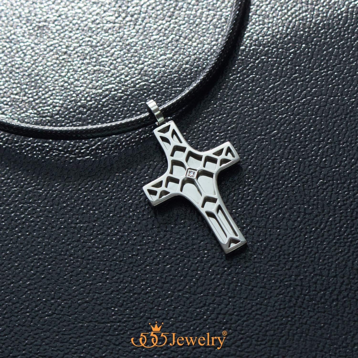 image:image555Jewelry Stainless Steel Cross Pendant CZ Stone Black Rope Cord NecklaceSilver