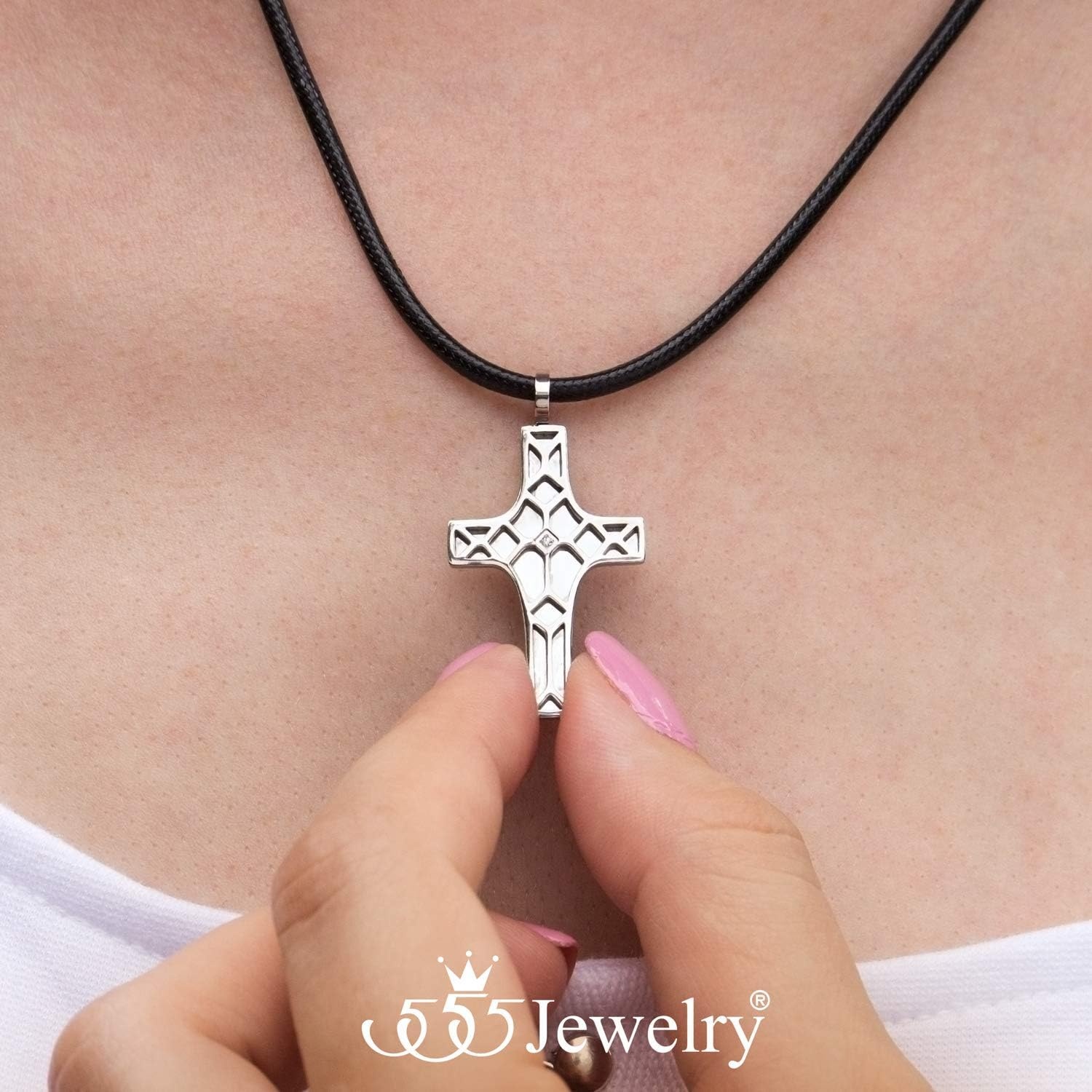 image:image555Jewelry Stainless Steel Cross Pendant CZ Stone Black Rope Cord NecklaceSilver