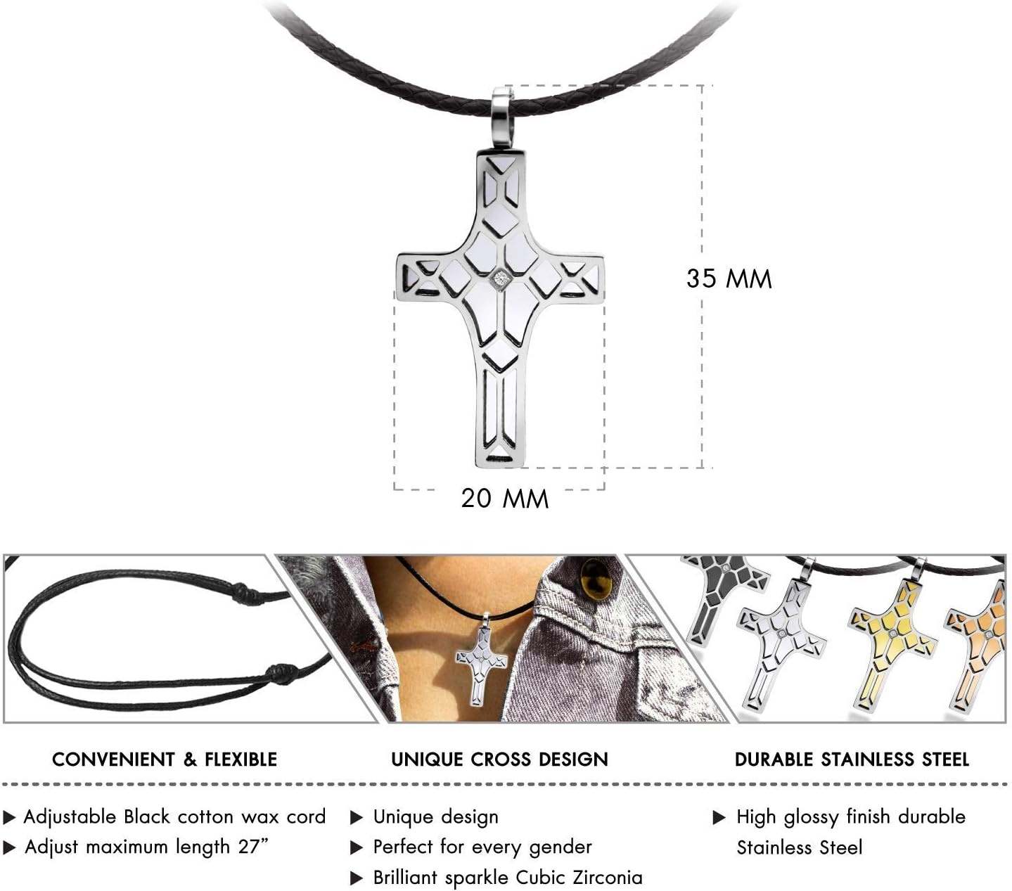 image:image555Jewelry Stainless Steel Cross Pendant CZ Stone Black Rope Cord NecklaceSilver