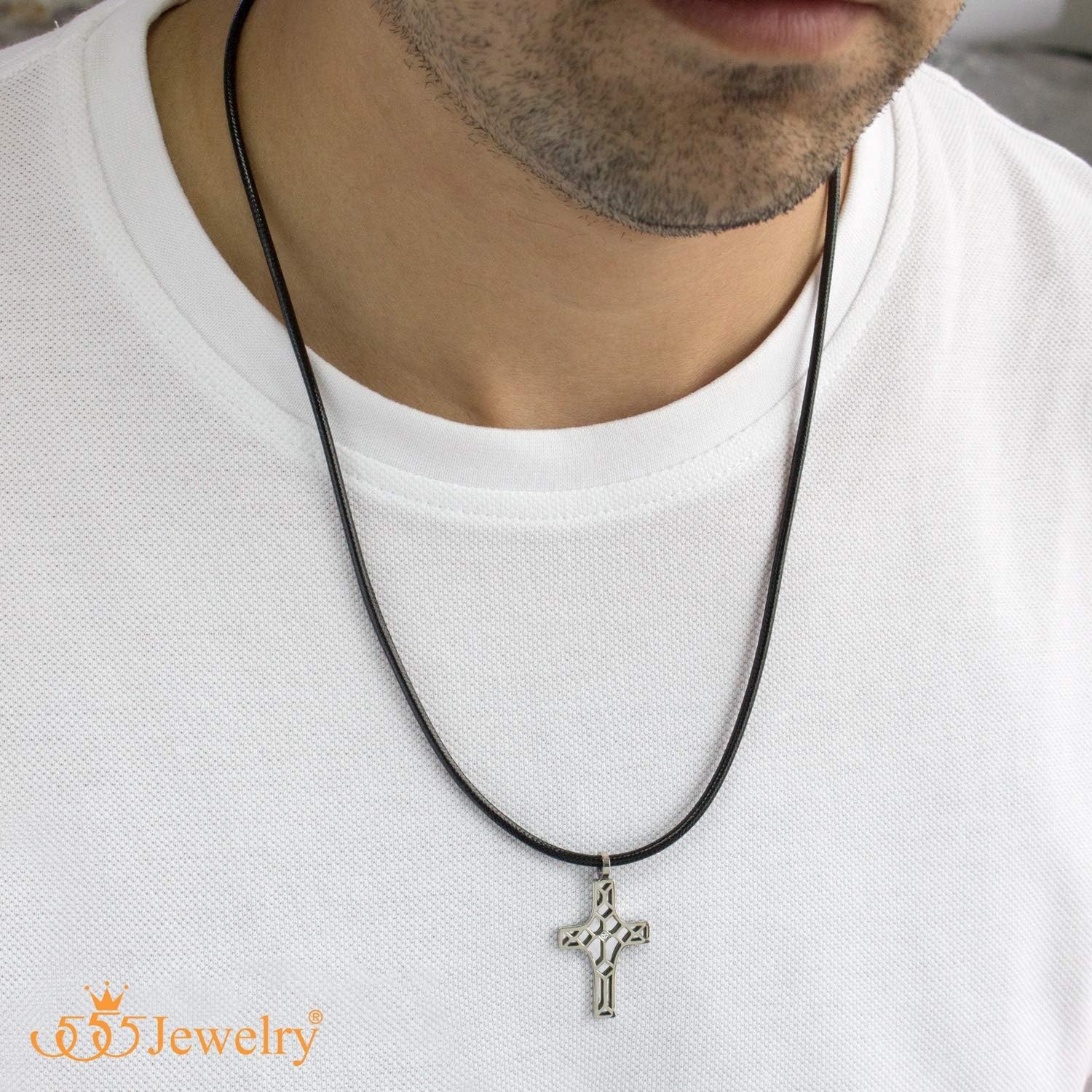 image:image555Jewelry Stainless Steel Cross Pendant CZ Stone Black Rope Cord NecklaceSilver