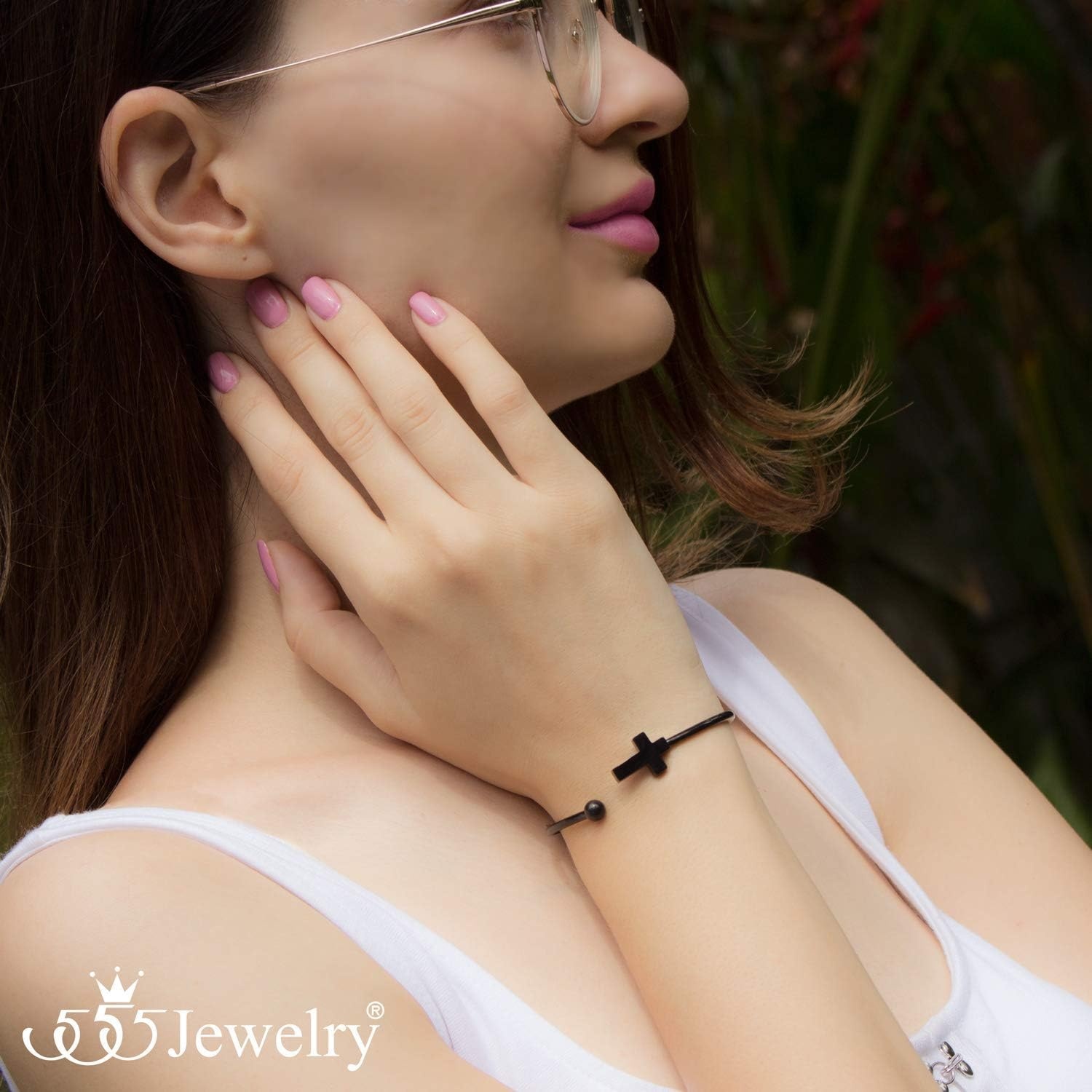 image:image555Jewelry Stainless Steel Cross Religious Symbol Open Cuff Bangle BraceletBlack