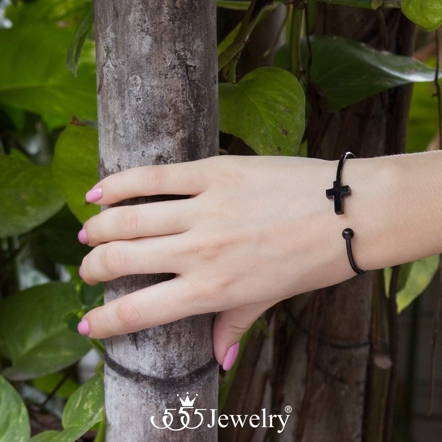 image:image555Jewelry Stainless Steel Cross Religious Symbol Open Cuff Bangle BraceletBlack