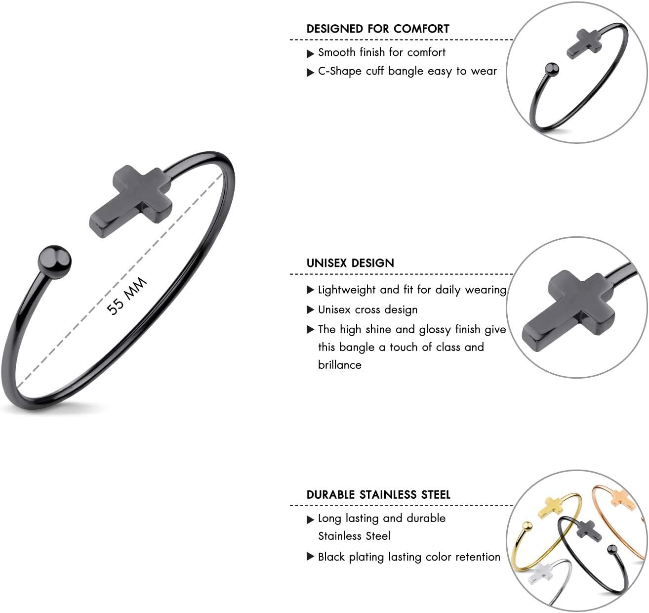 image:image555Jewelry Stainless Steel Cross Religious Symbol Open Cuff Bangle BraceletBlack
