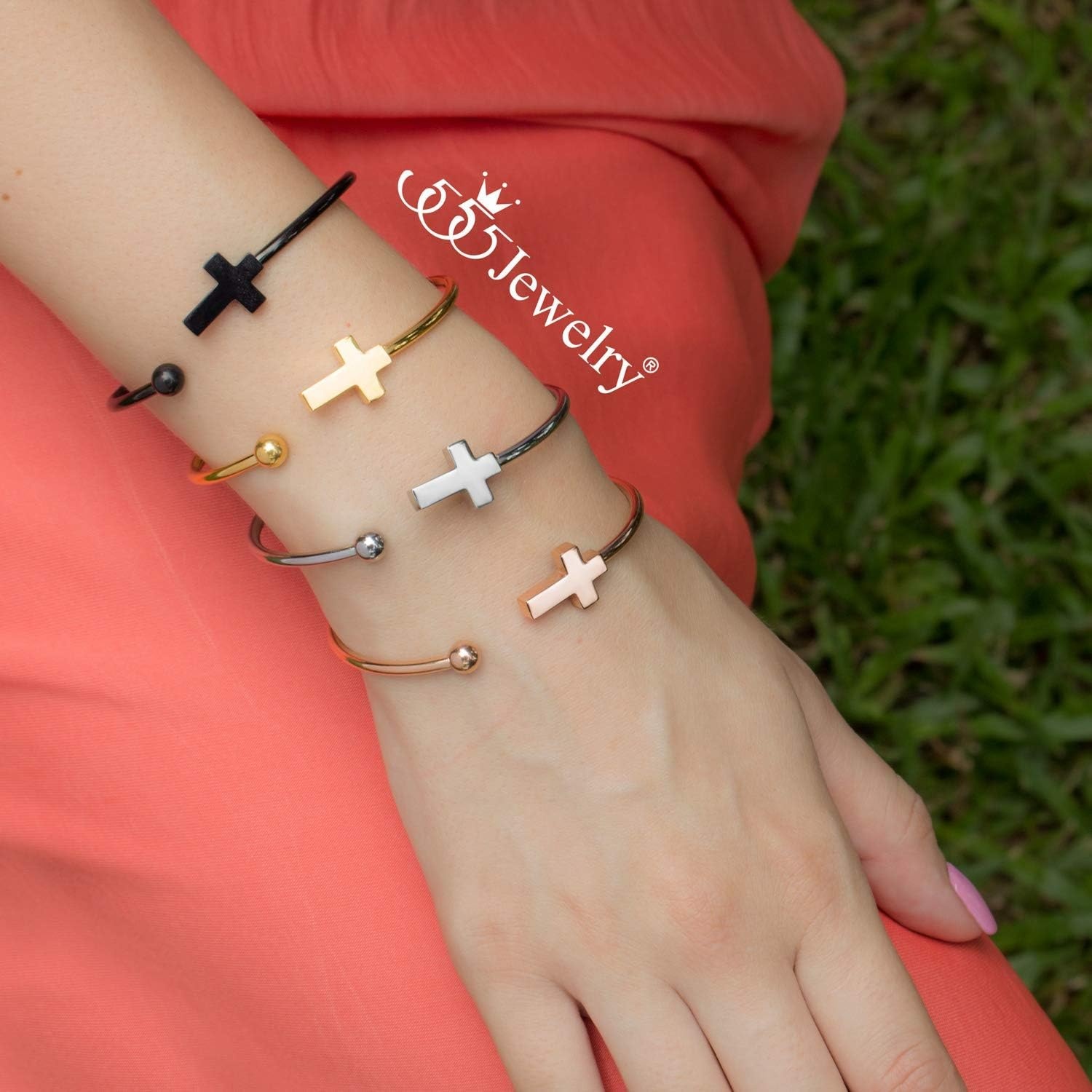 image:image555Jewelry Stainless Steel Cross Religious Symbol Open Cuff Bangle BraceletPink Rose Gold