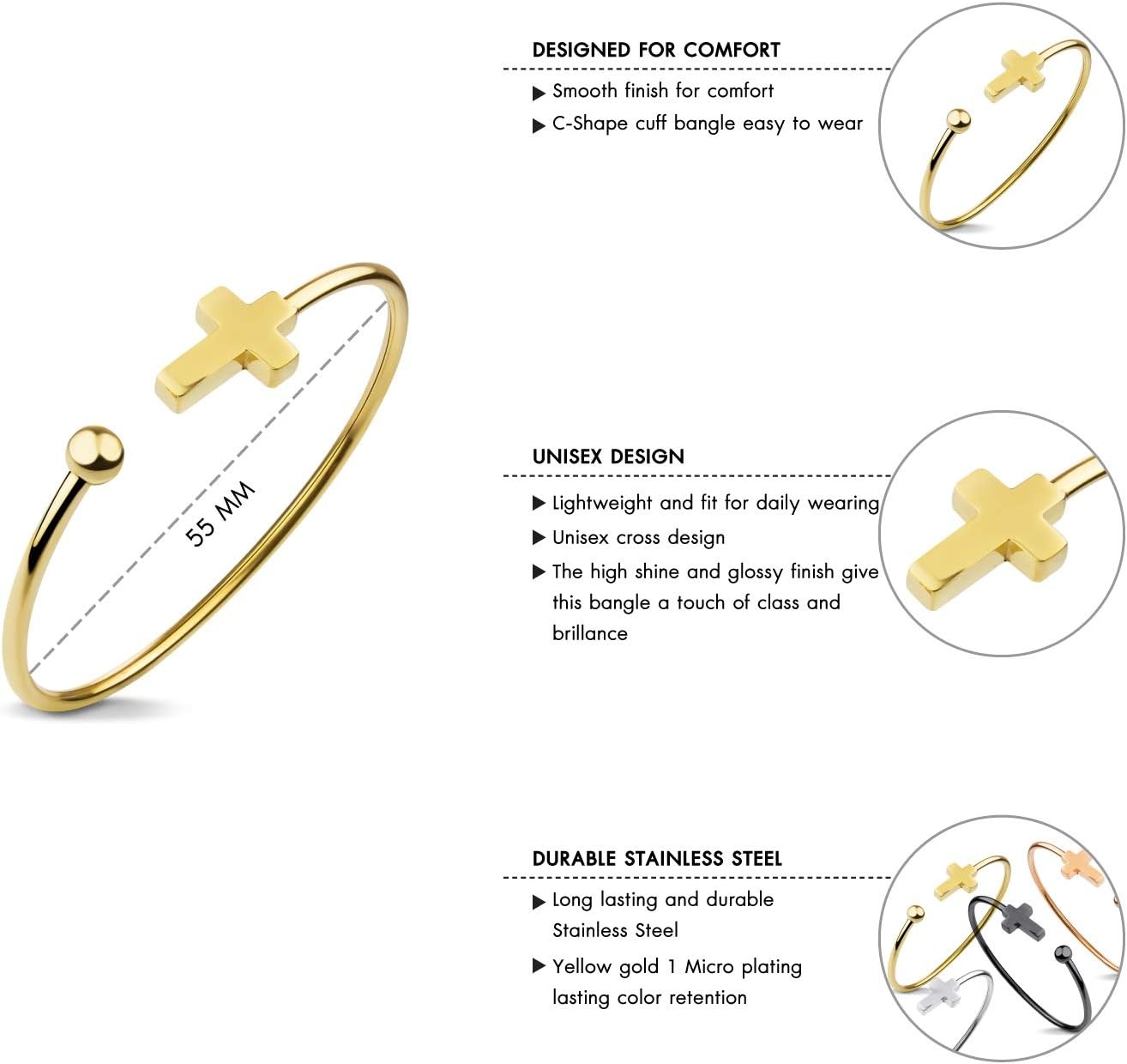 image:image555Jewelry Stainless Steel Cross Religious Symbol Open Cuff Bangle BraceletYellow Gold