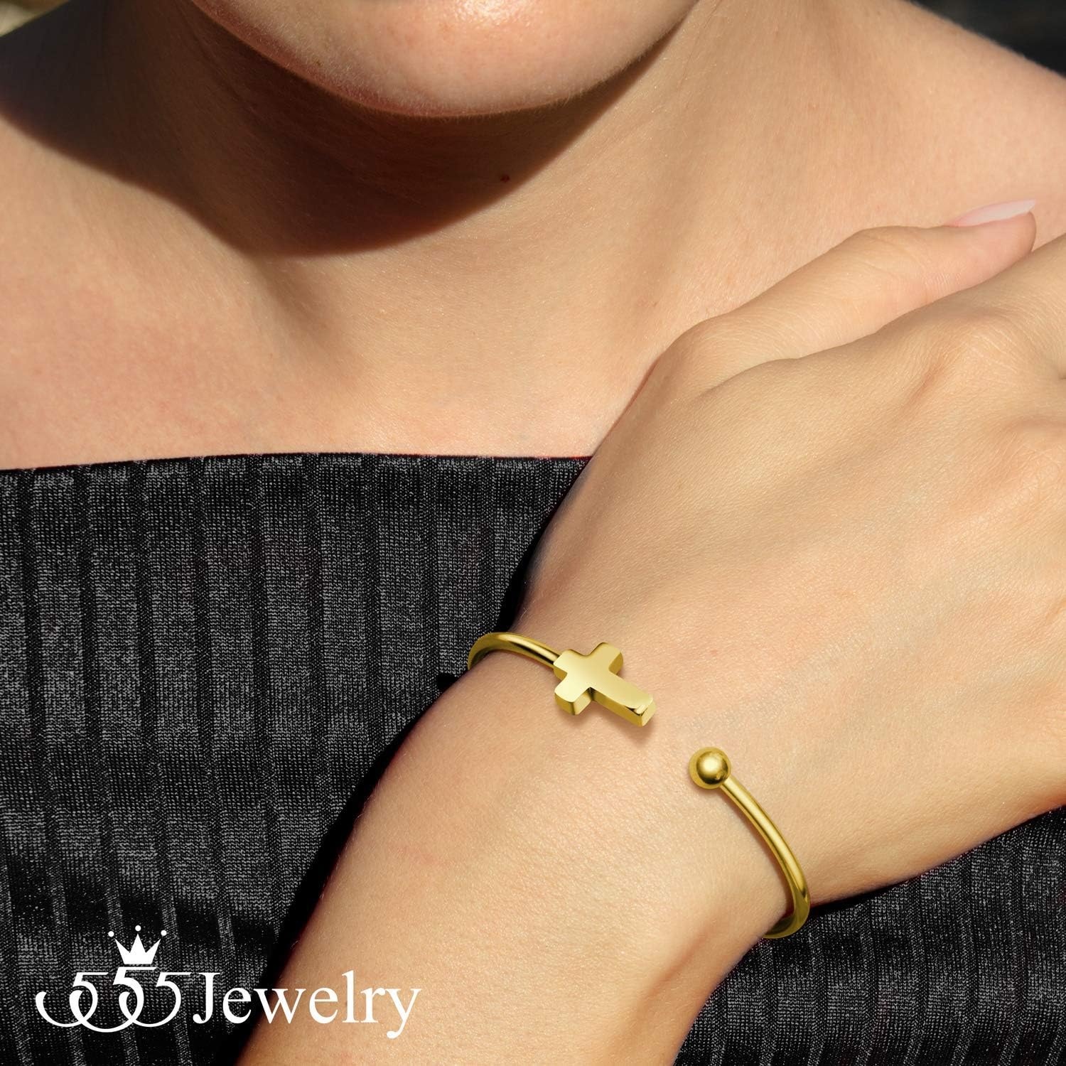 image:image555Jewelry Stainless Steel Cross Religious Symbol Open Cuff Bangle BraceletYellow Gold
