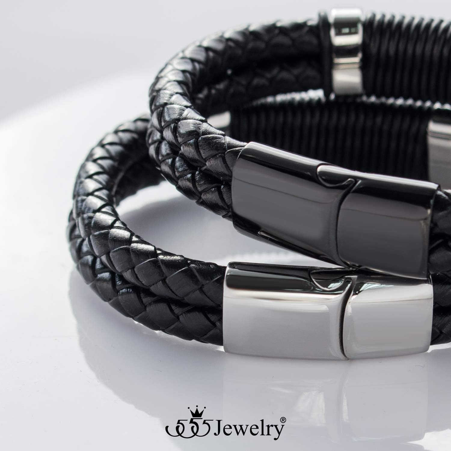 image:image555Jewelry Stainless Steel Double Braided Leather Magnet Slide Lock BraceletBlack