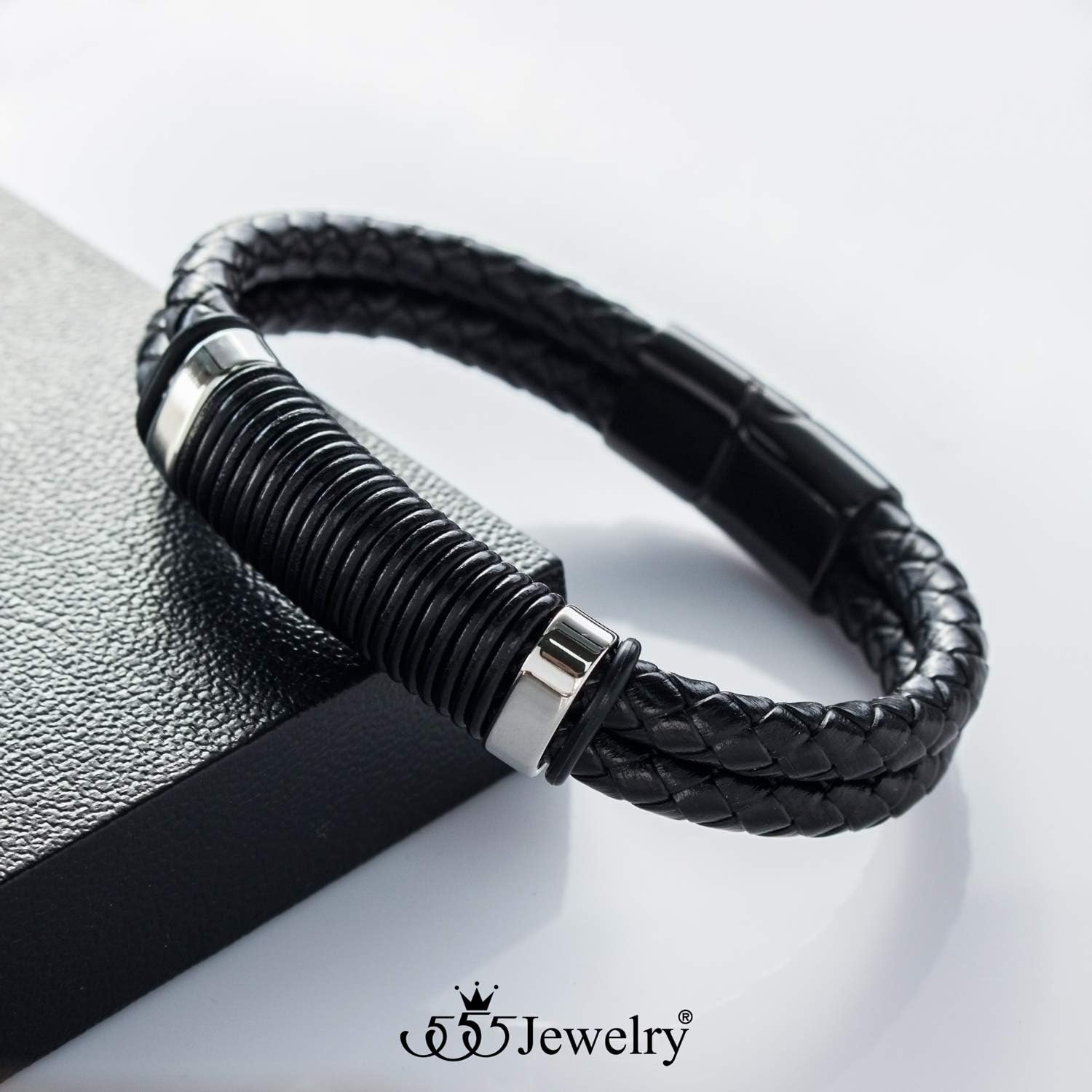 image:image555Jewelry Stainless Steel Double Braided Leather Magnet Slide Lock BraceletBlack