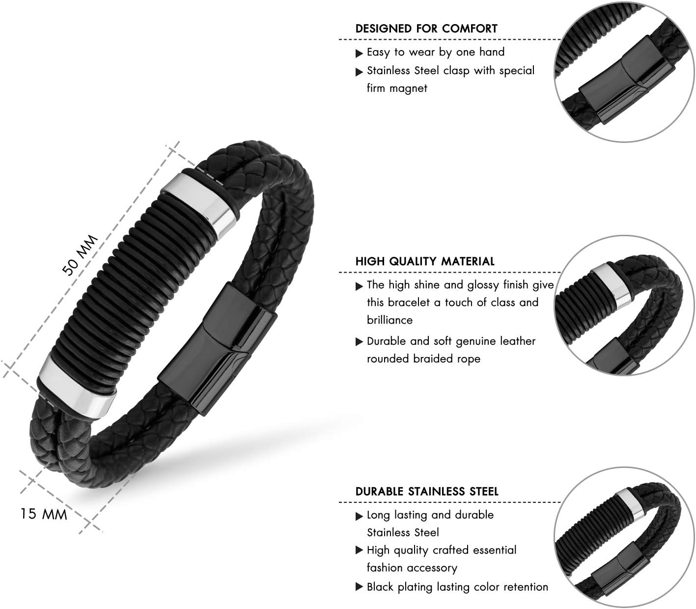 image:image555Jewelry Stainless Steel Double Braided Leather Magnet Slide Lock BraceletBlack