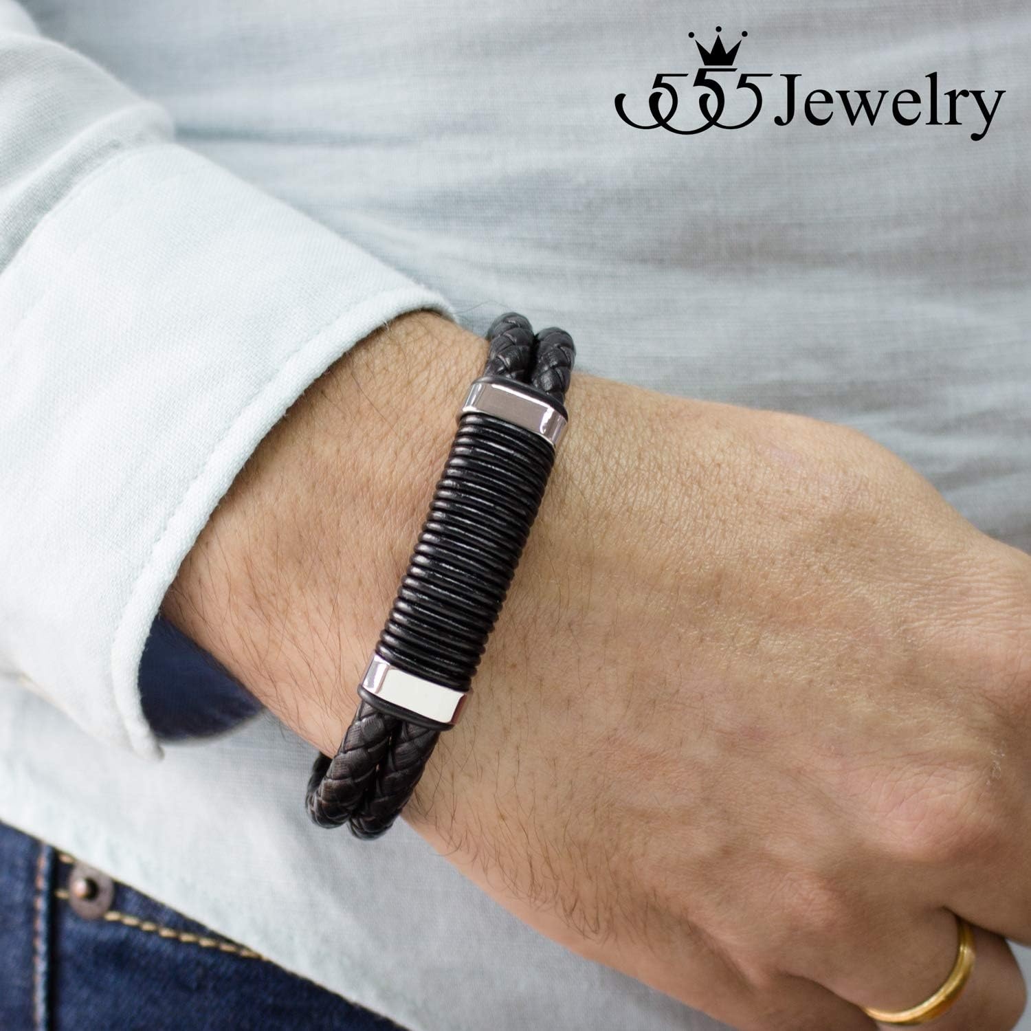image:image555Jewelry Stainless Steel Double Braided Leather Magnet Slide Lock BraceletSilver