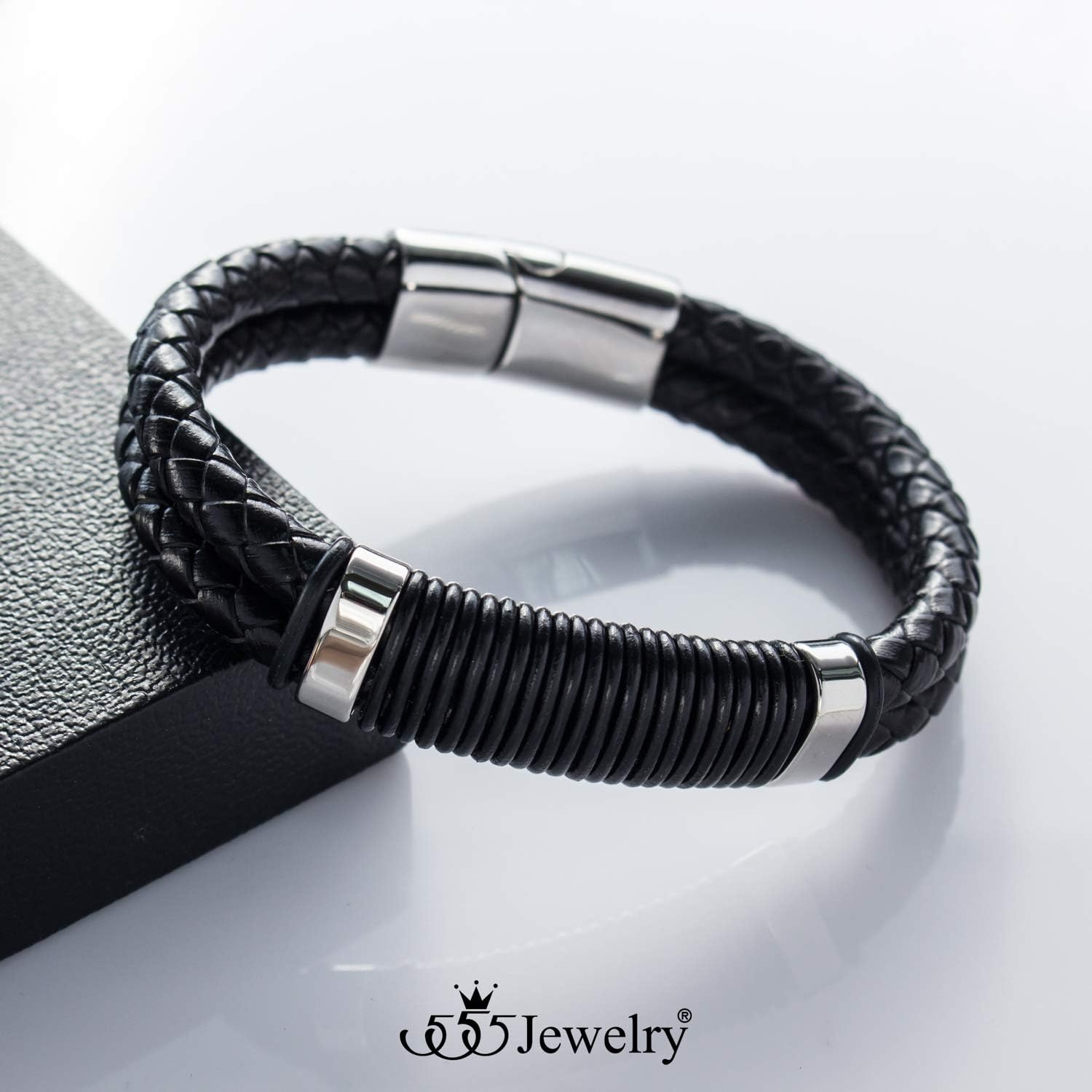 image:image555Jewelry Stainless Steel Double Braided Leather Magnet Slide Lock BraceletSilver