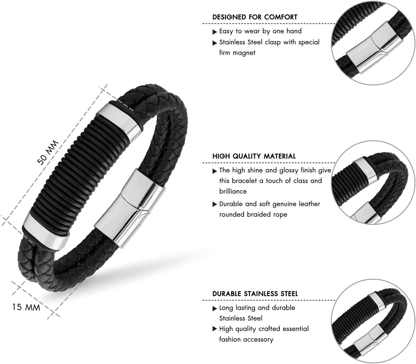 image:image555Jewelry Stainless Steel Double Braided Leather Magnet Slide Lock BraceletSilver
