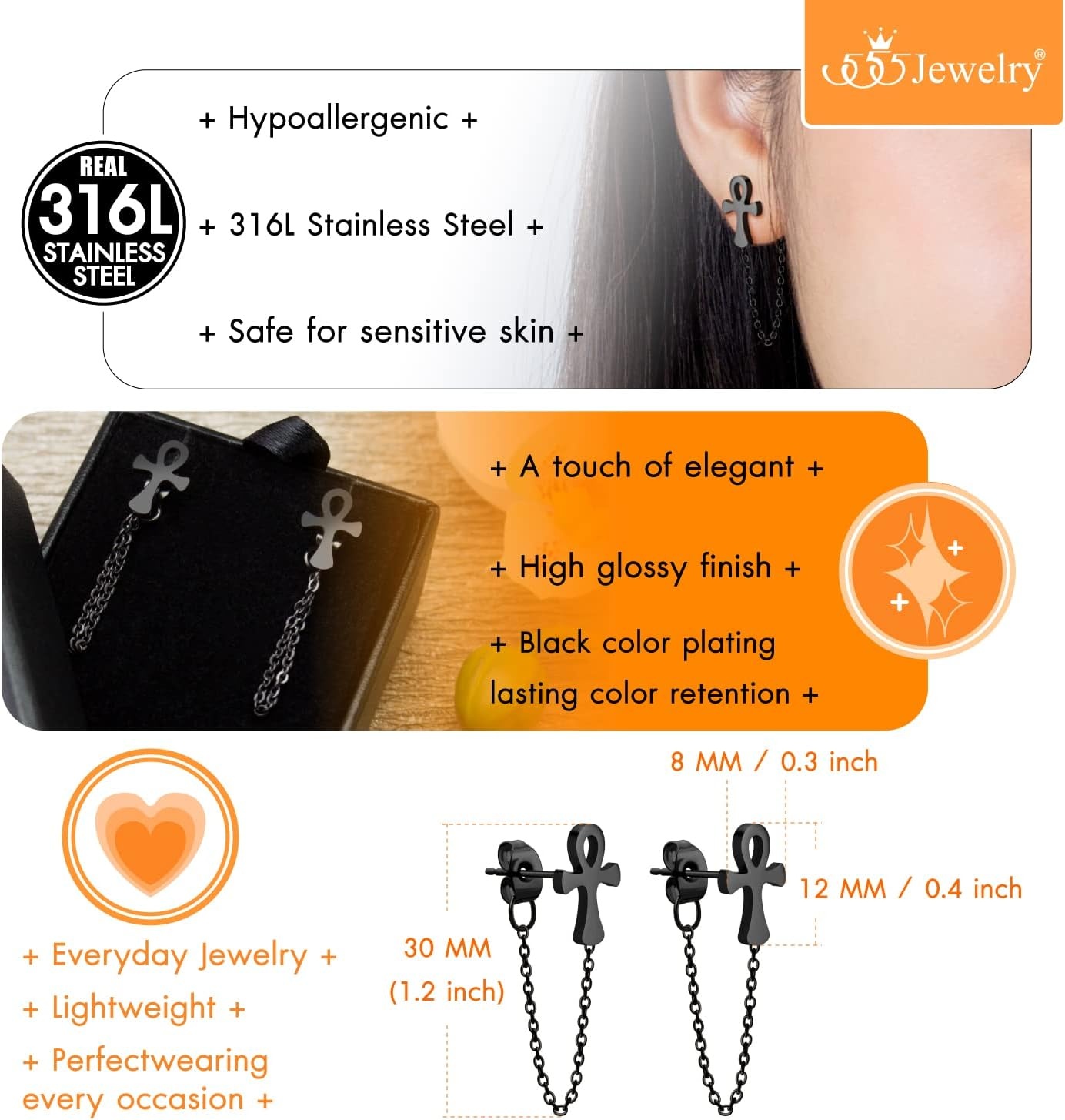 image:image555Jewelry Stainless Steel Egyptian Ankh Cross Stud Earrings for Women amp LadiesBlack