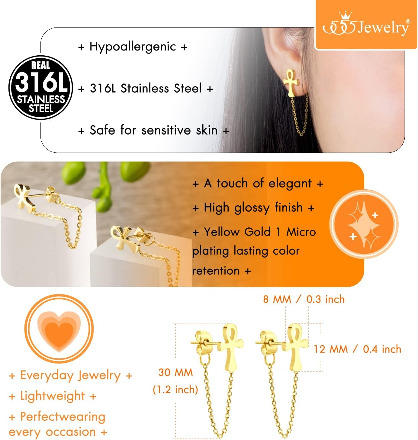 image:image555Jewelry Stainless Steel Egyptian Ankh Cross Stud Earrings for Women amp LadiesGold