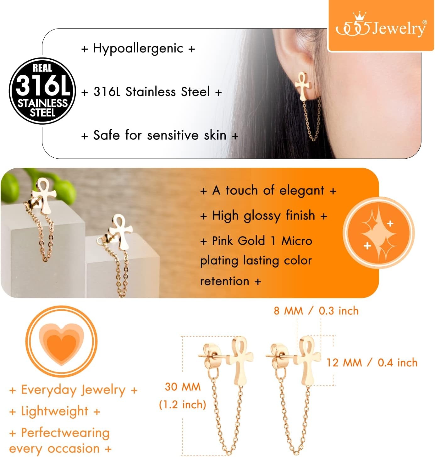image:image555Jewelry Stainless Steel Egyptian Ankh Cross Stud Earrings for Women amp LadiesRose Gold