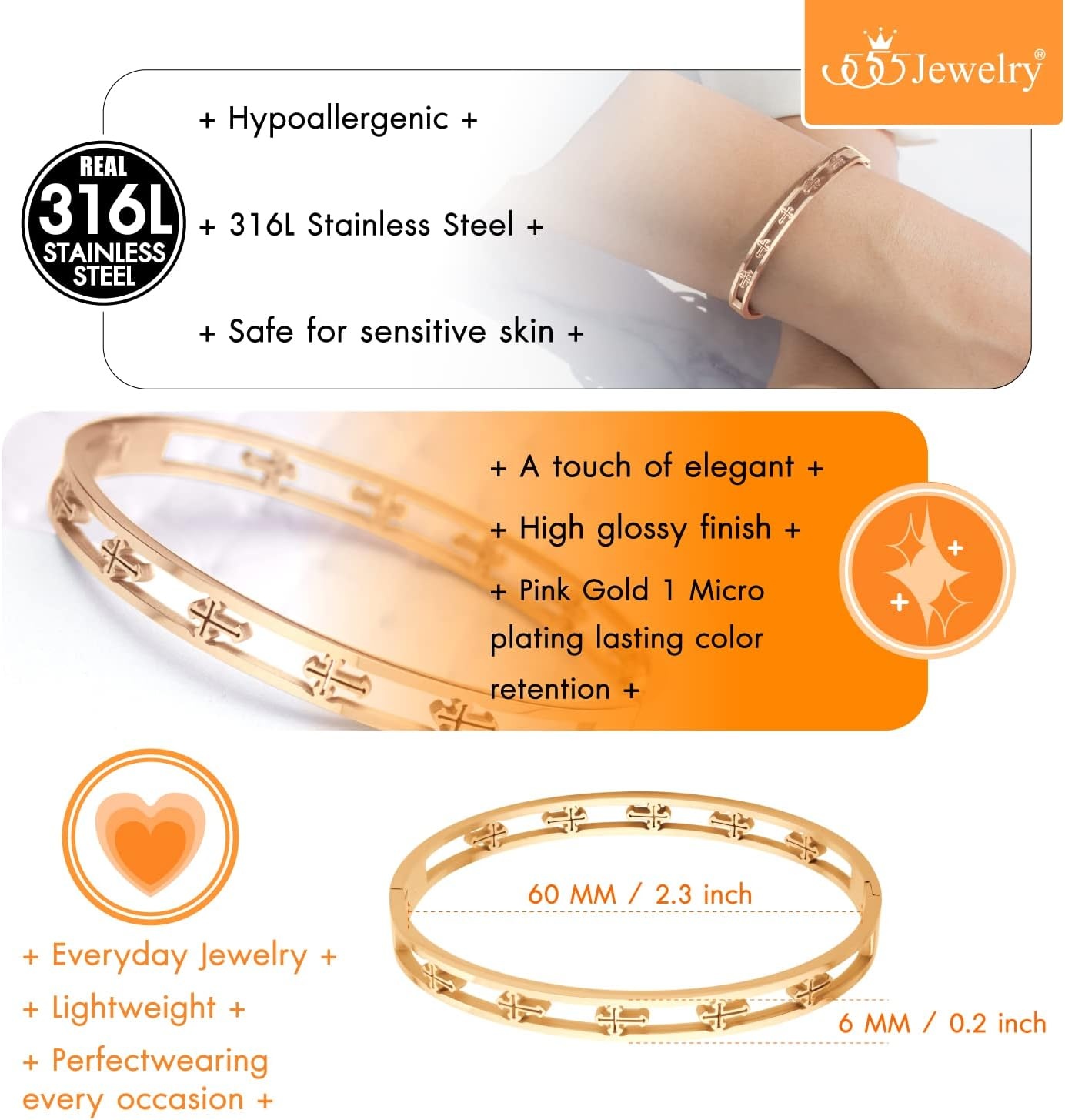 image:image555Jewelry Stainless Steel Hinged Cuff Cross Bangle Bracelet for Men amp WomenRose Gold