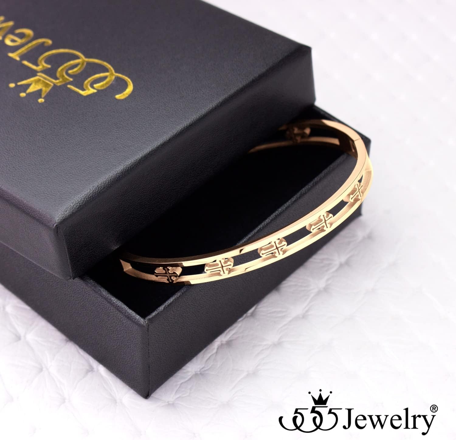 image:image555Jewelry Stainless Steel Hinged Cuff Cross Bangle Bracelet for Men amp WomenRose Gold