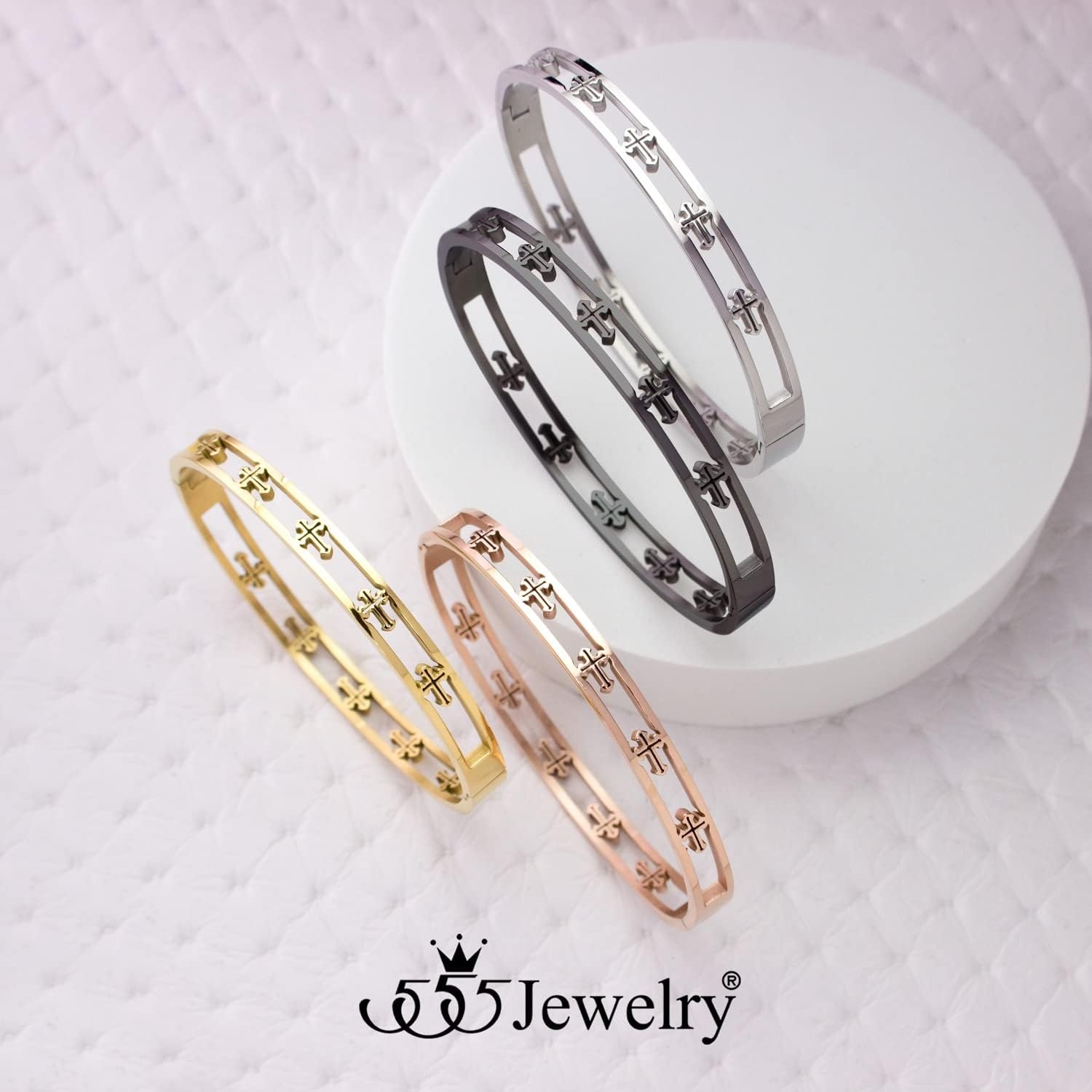 image:image555Jewelry Stainless Steel Hinged Cuff Cross Bangle Bracelet for Men amp WomenRose Gold