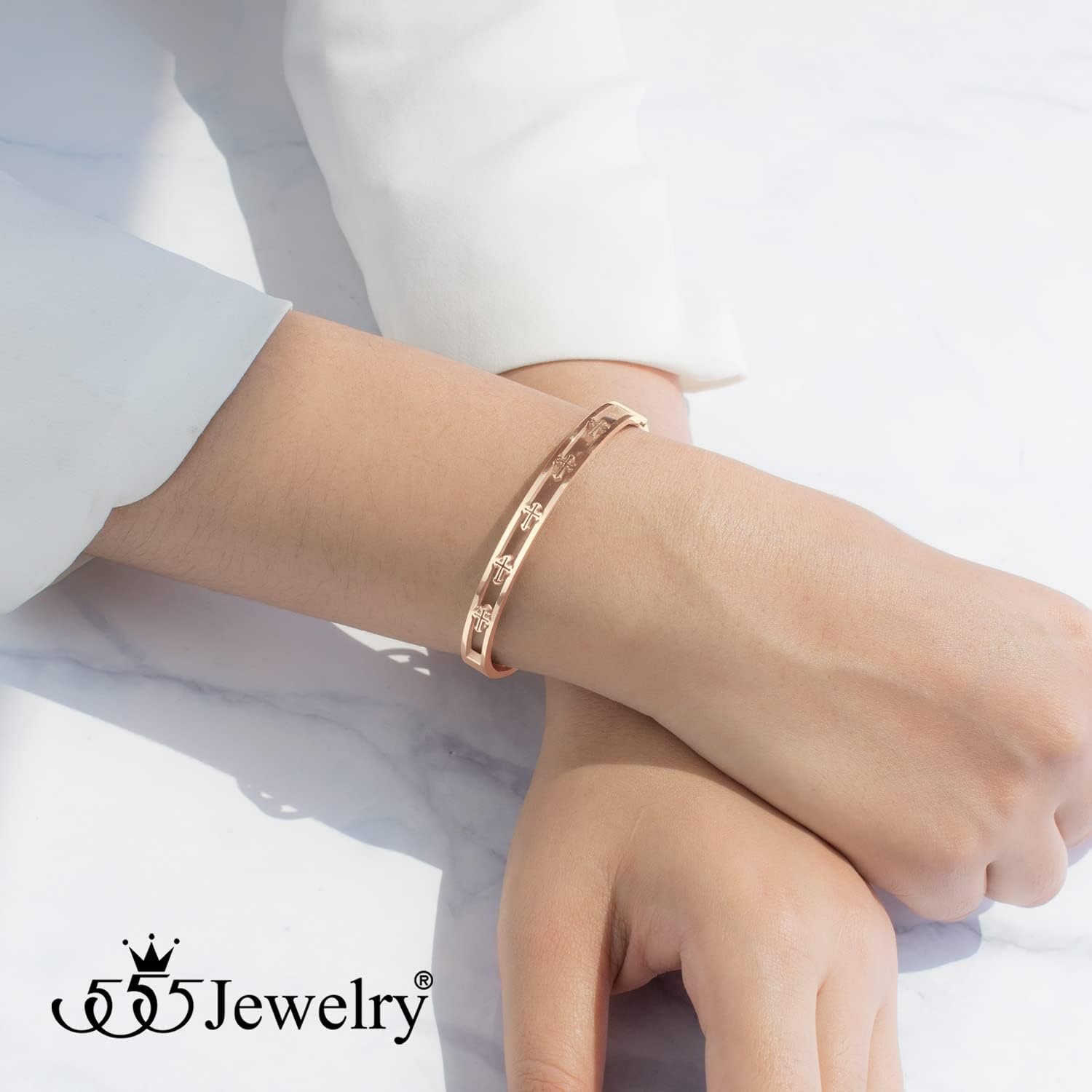 image:image555Jewelry Stainless Steel Hinged Cuff Cross Bangle Bracelet for Men amp WomenRose Gold
