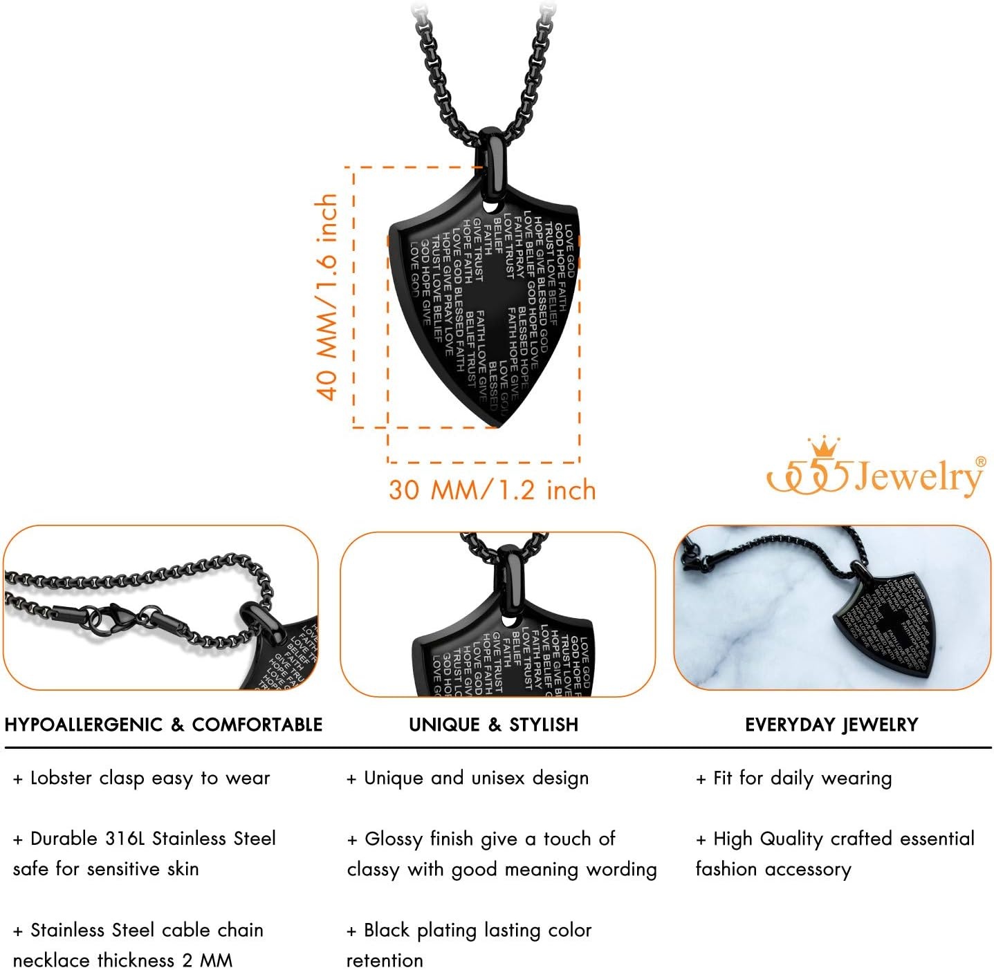 image:image555Jewelry Stainless Steel Inspirational Shield Cross Necklace for Men 1624 Inch ChainBlack