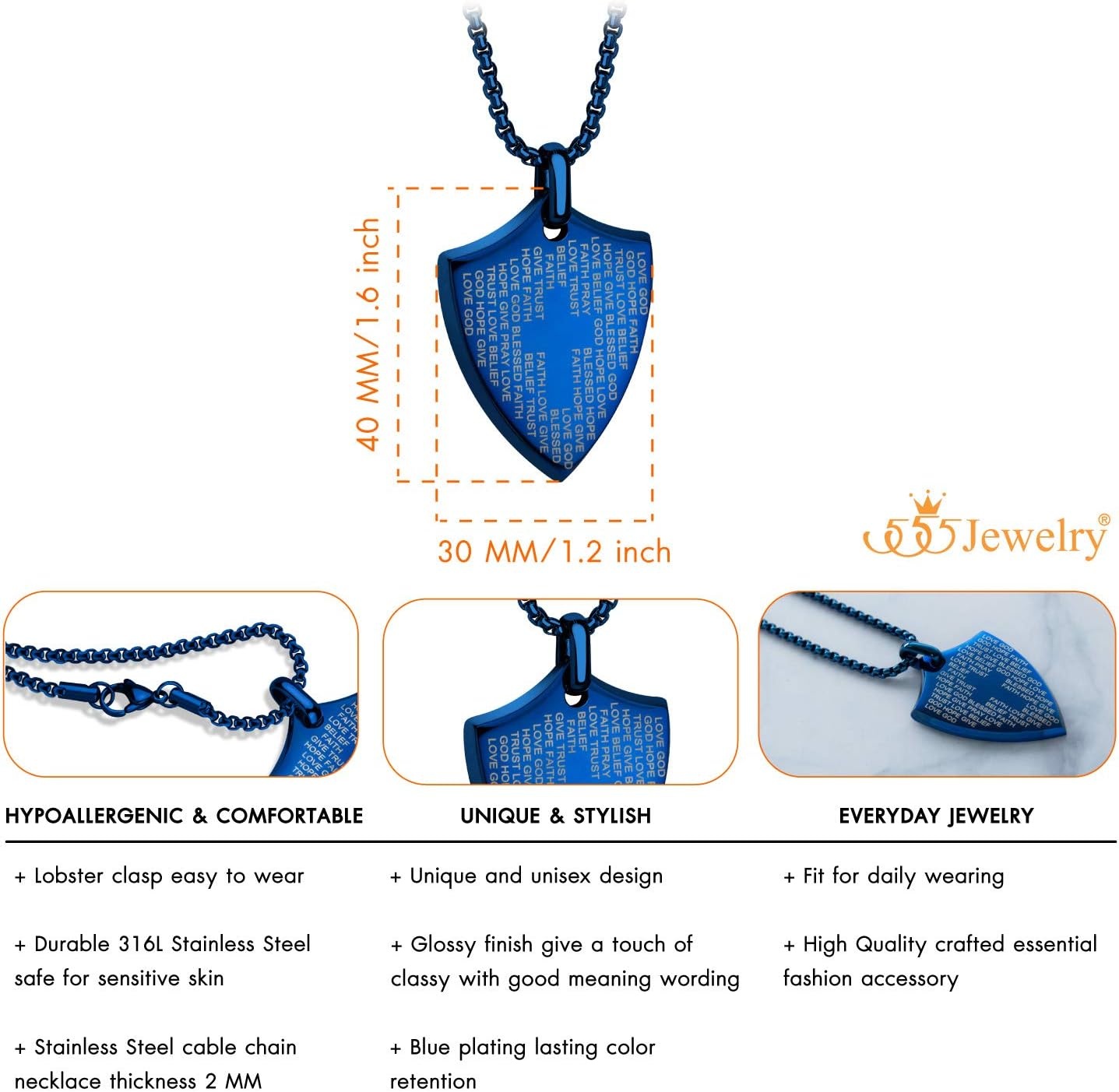 image:image555Jewelry Stainless Steel Inspirational Shield Cross Necklace for Men 1624 Inch ChainBlue
