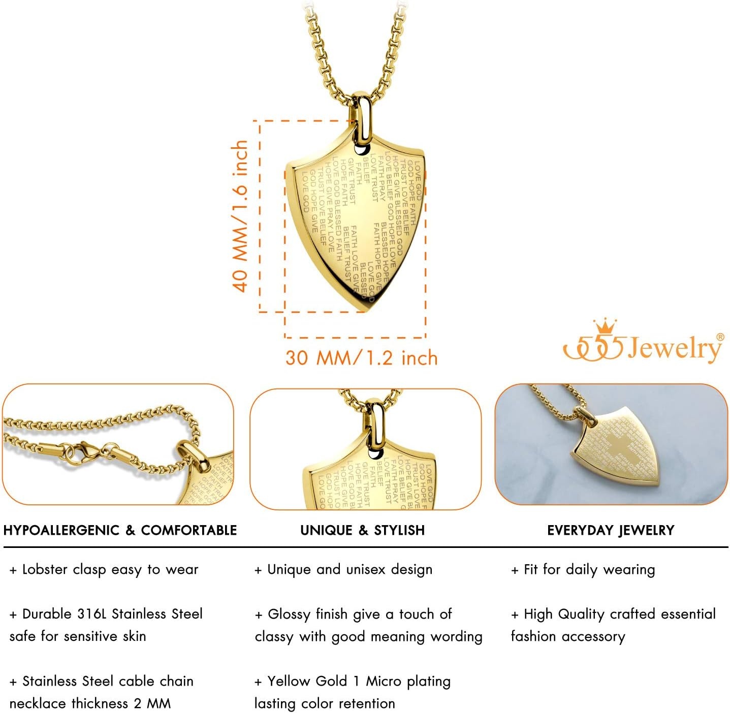 image:image555Jewelry Stainless Steel Inspirational Shield Cross Necklace for Men 1624 Inch ChainGold