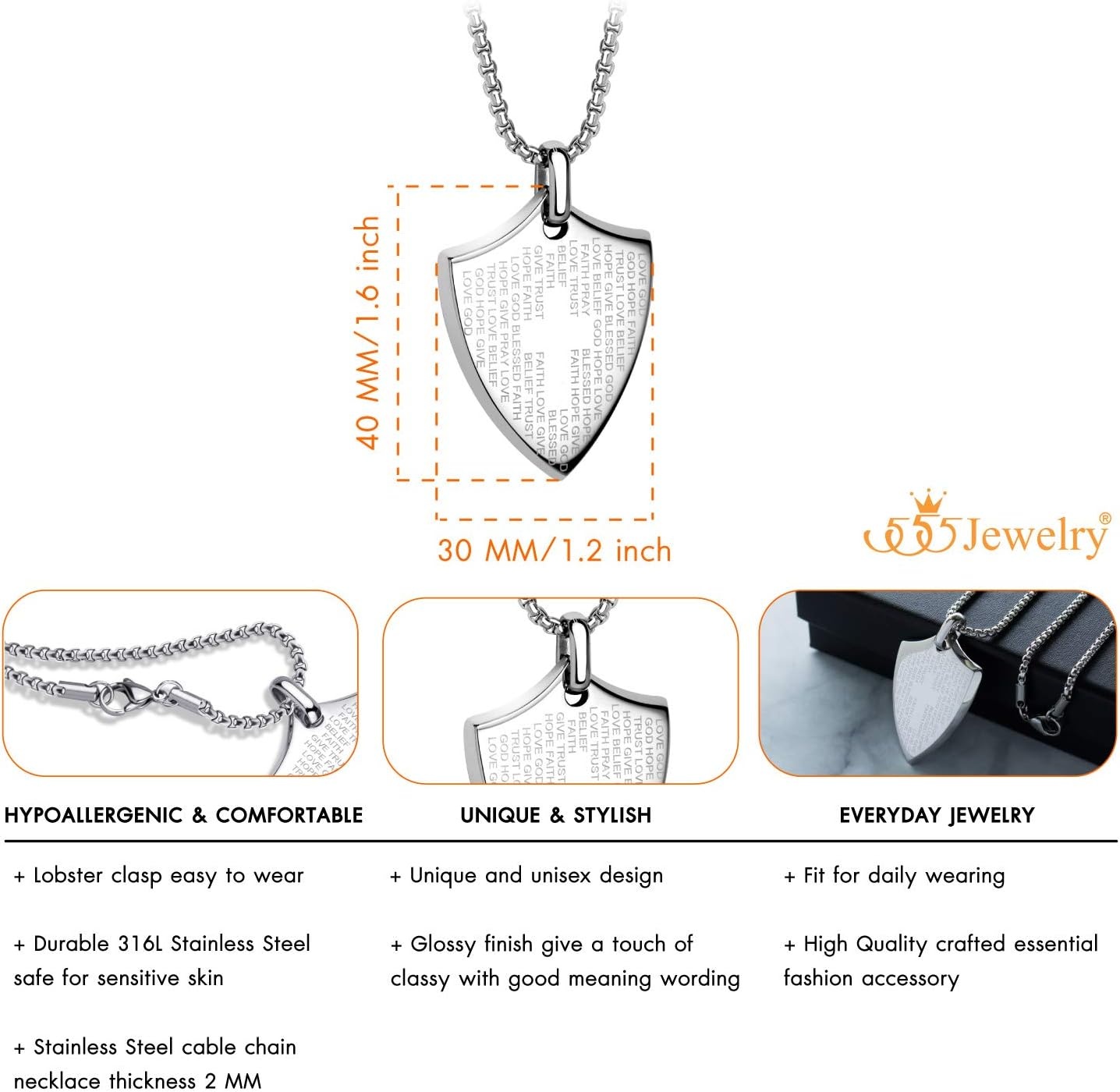 image:image555Jewelry Stainless Steel Inspirational Shield Cross Necklace for Men 1624 Inch ChainSilver