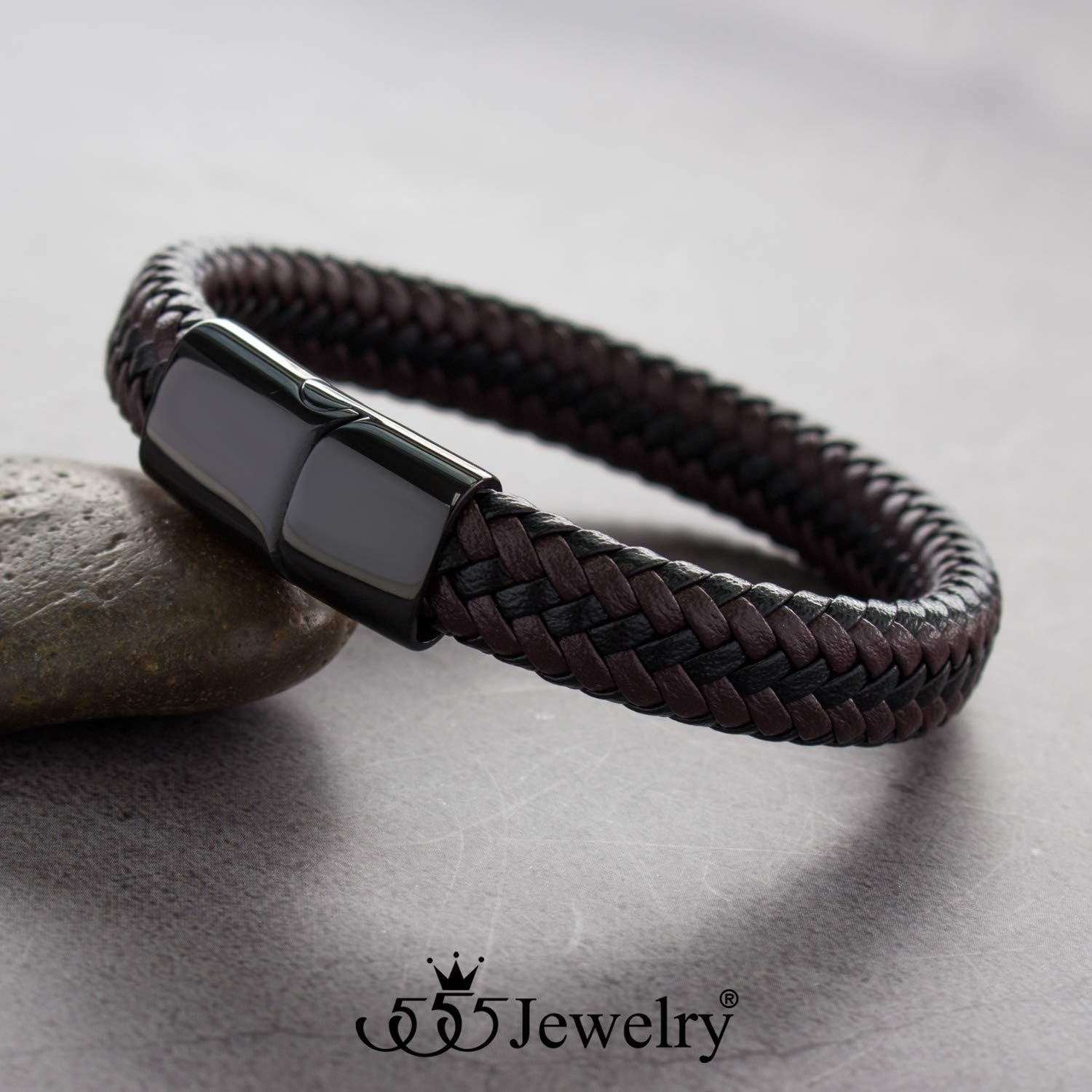 image:image555Jewelry Stainless Steel Magnetic Clasp Braided Brown amp Black Leather Bracelet for MenBlack