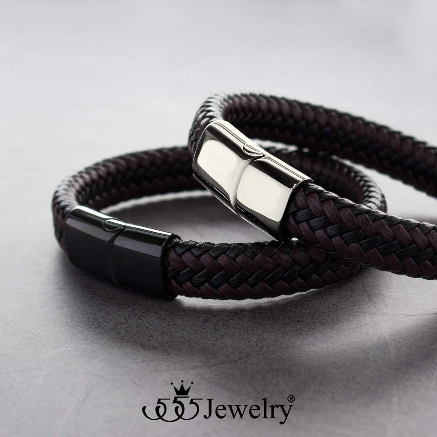 image:image555Jewelry Stainless Steel Magnetic Clasp Braided Brown amp Black Leather Bracelet for MenBlack