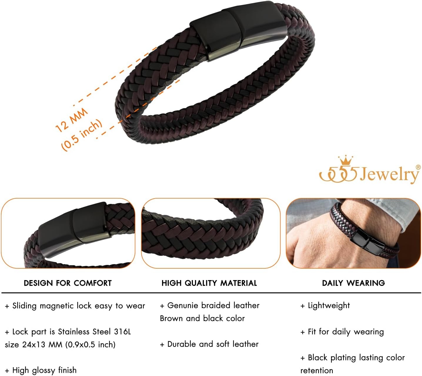 image:image555Jewelry Stainless Steel Magnetic Clasp Braided Brown amp Black Leather Bracelet for MenBlack