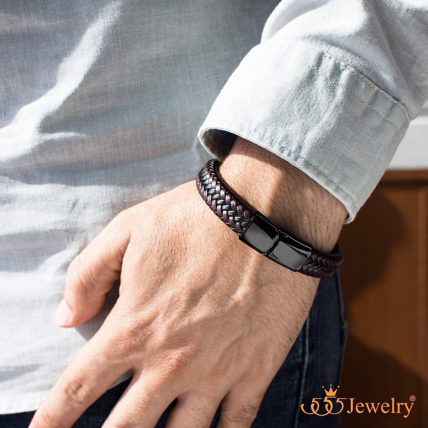 image:image555Jewelry Stainless Steel Magnetic Clasp Braided Brown amp Black Leather Bracelet for MenBlack