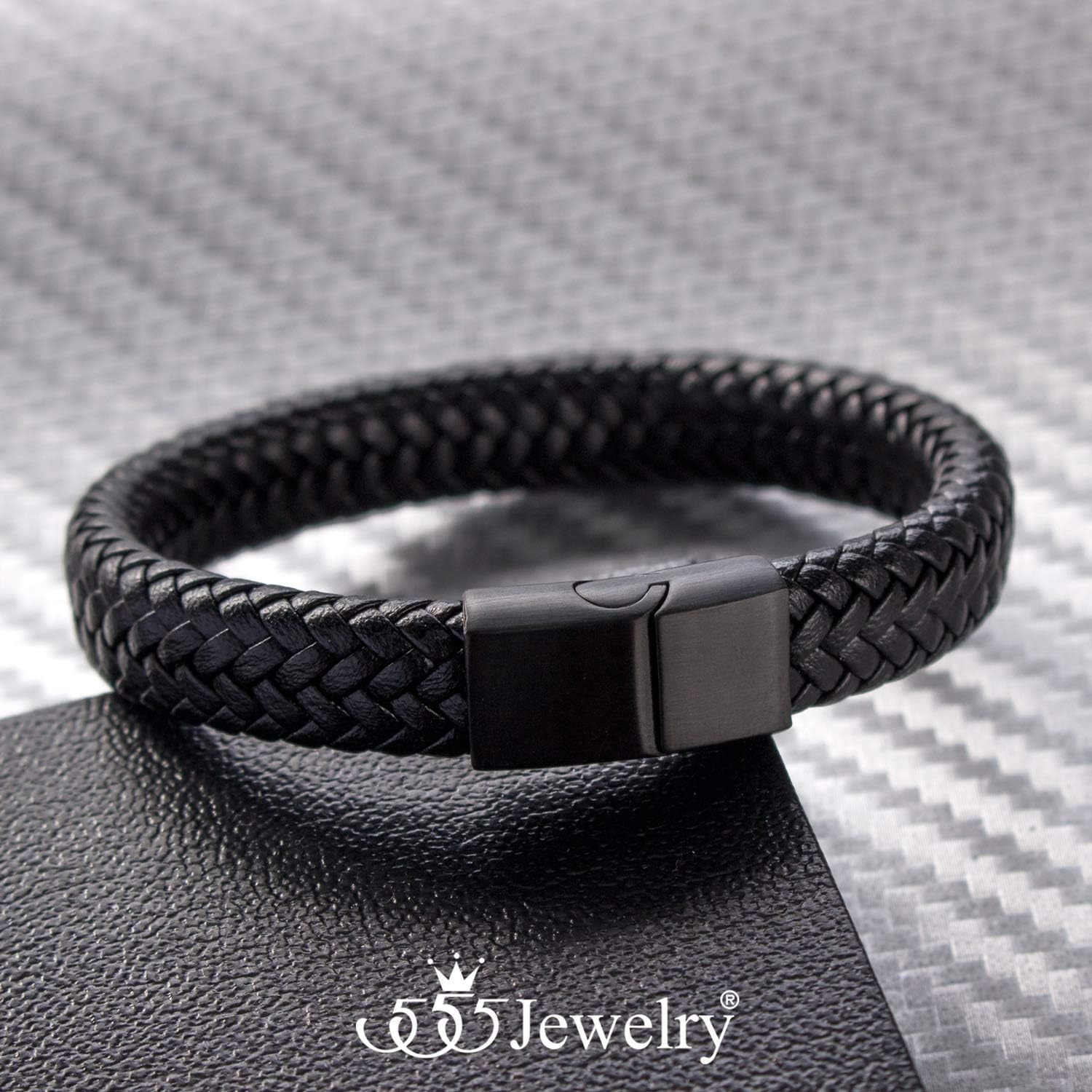 image:image555Jewelry Stainless Steel Magnetic Clasp Braided Brown amp Black Leather Bracelet for MenBlack Leather Black Clasp