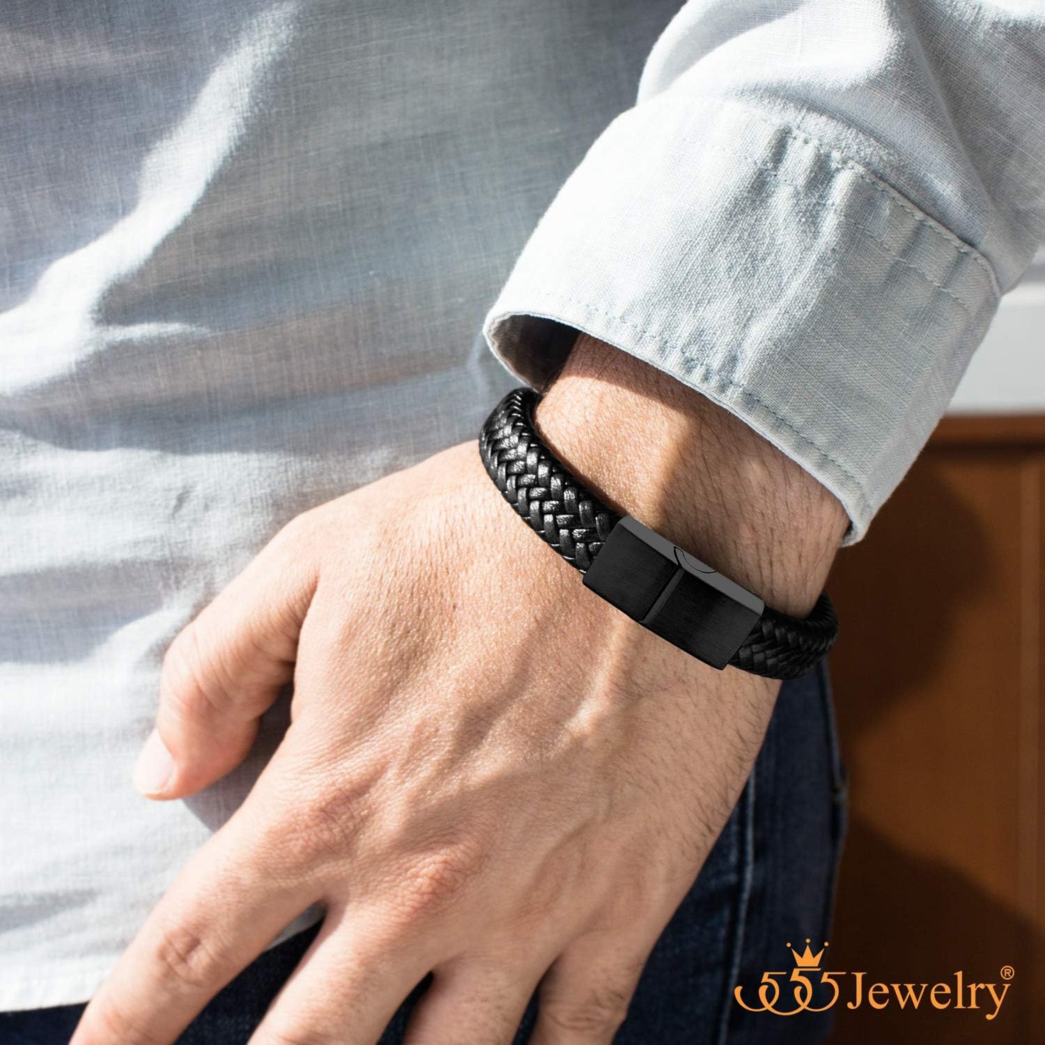 image:image555Jewelry Stainless Steel Magnetic Clasp Braided Brown amp Black Leather Bracelet for MenBlack Leather Black Clasp