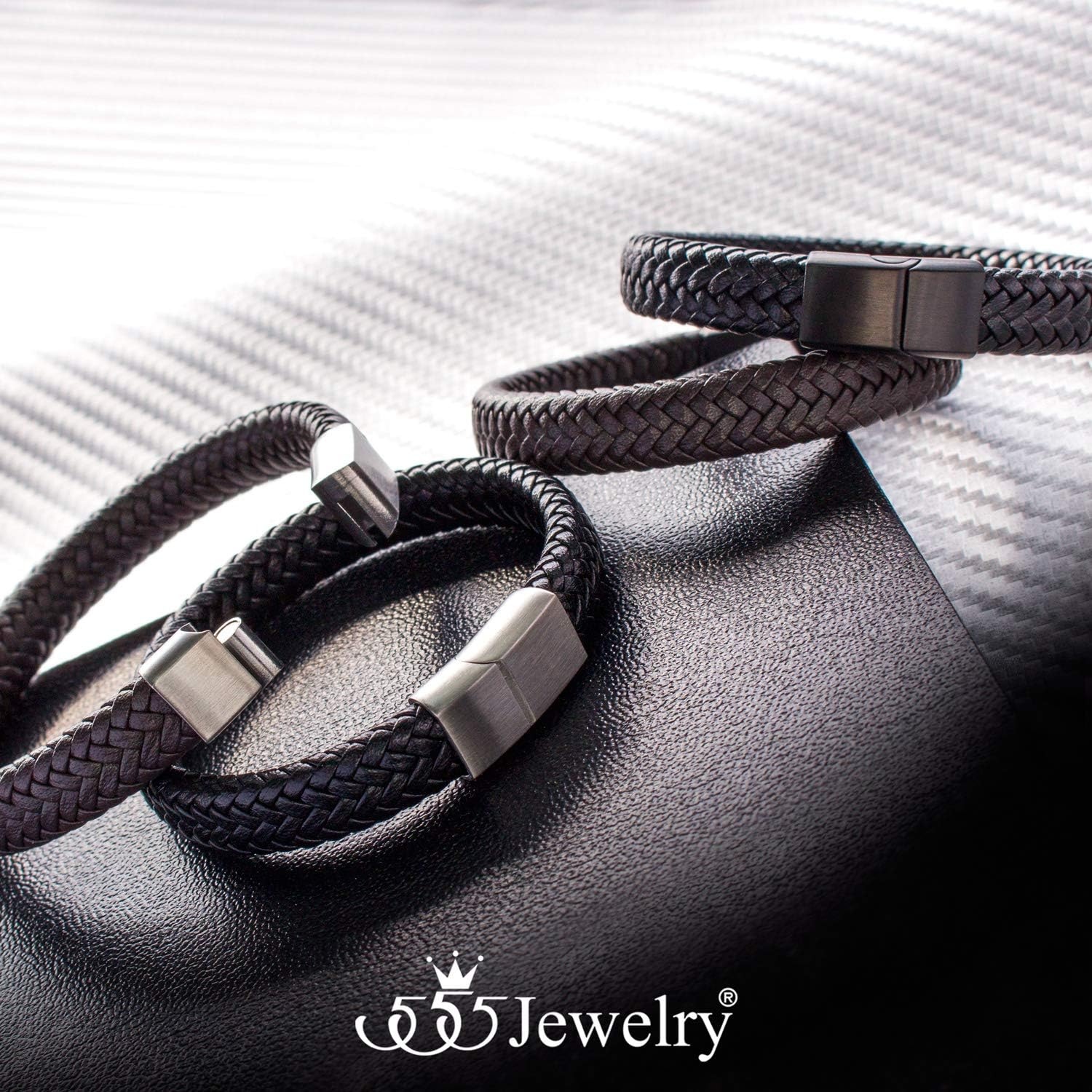 image:image555Jewelry Stainless Steel Magnetic Clasp Braided Brown amp Black Leather Bracelet for MenBlack Leather Black Clasp