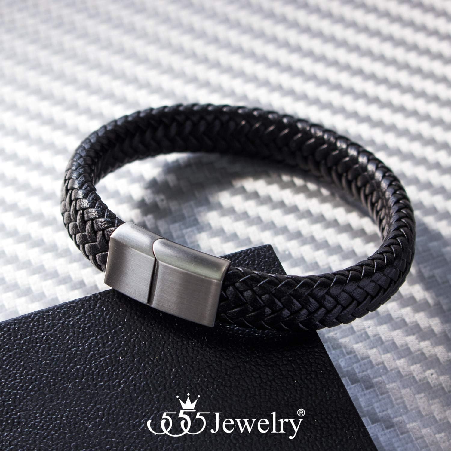 image:image555Jewelry Stainless Steel Magnetic Clasp Braided Brown amp Black Leather Bracelet for MenBlack Leather Silver Clasp