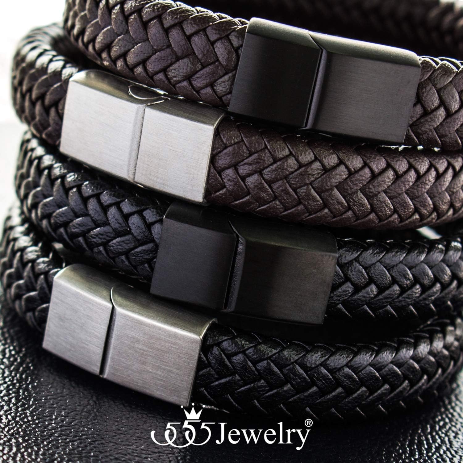 image:image555Jewelry Stainless Steel Magnetic Clasp Braided Brown amp Black Leather Bracelet for MenBlack Leather Silver Clasp