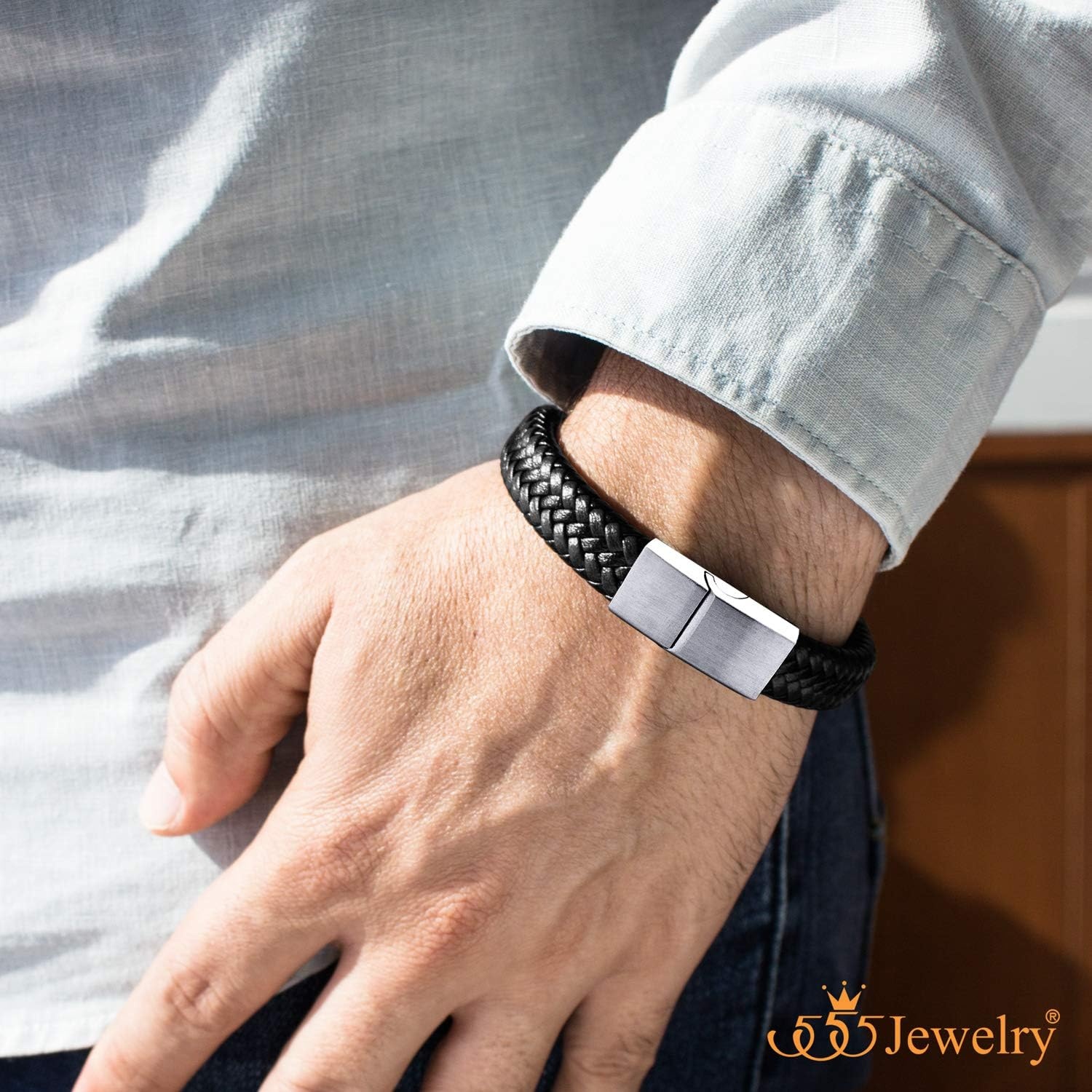 image:image555Jewelry Stainless Steel Magnetic Clasp Braided Brown amp Black Leather Bracelet for MenBlack Leather Silver Clasp
