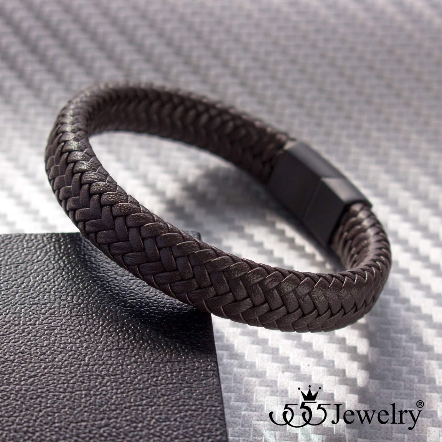 image:image555Jewelry Stainless Steel Magnetic Clasp Braided Brown amp Black Leather Bracelet for MenBrown Leather Black Clasp