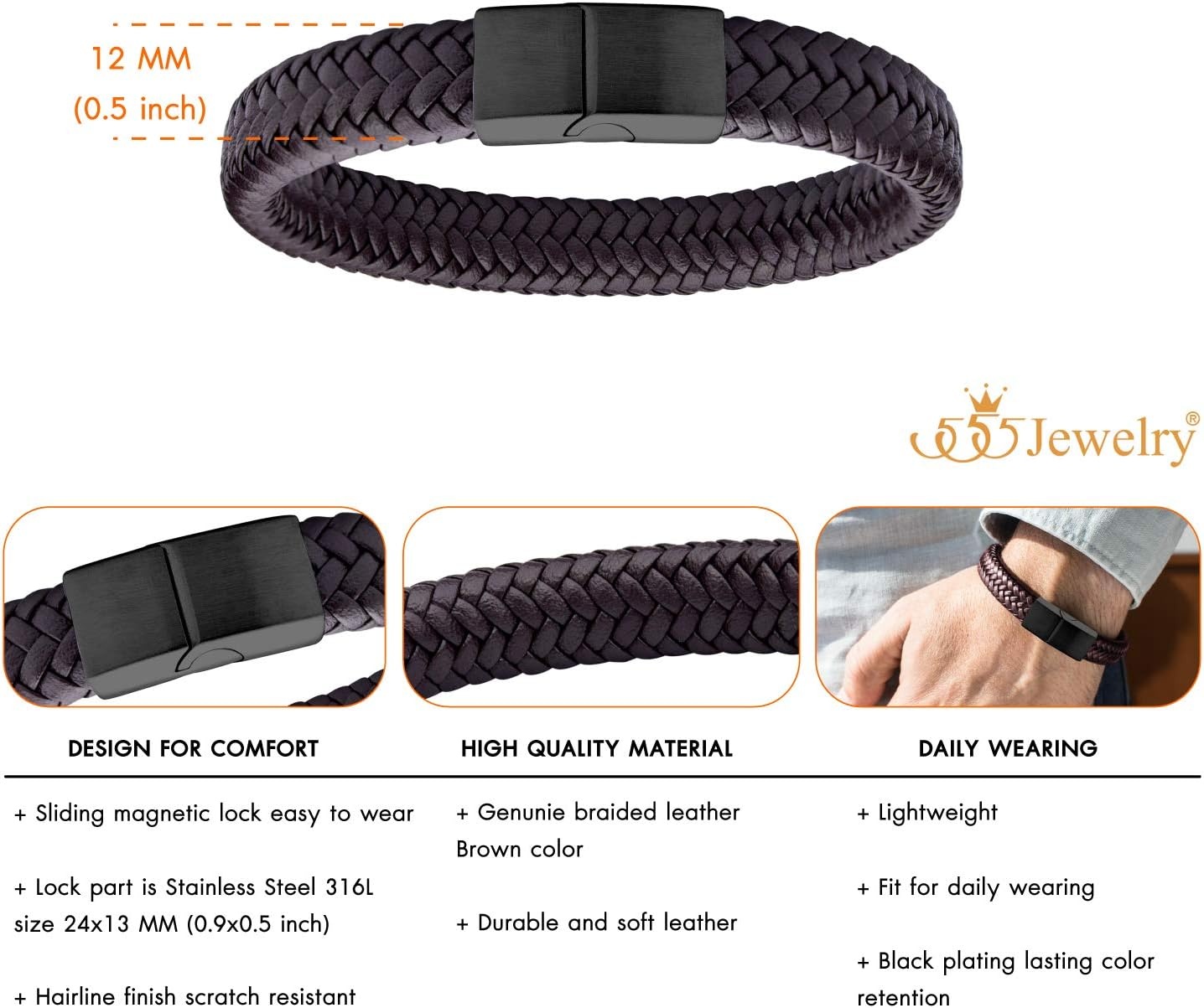 image:image555Jewelry Stainless Steel Magnetic Clasp Braided Brown amp Black Leather Bracelet for MenBrown Leather Black Clasp