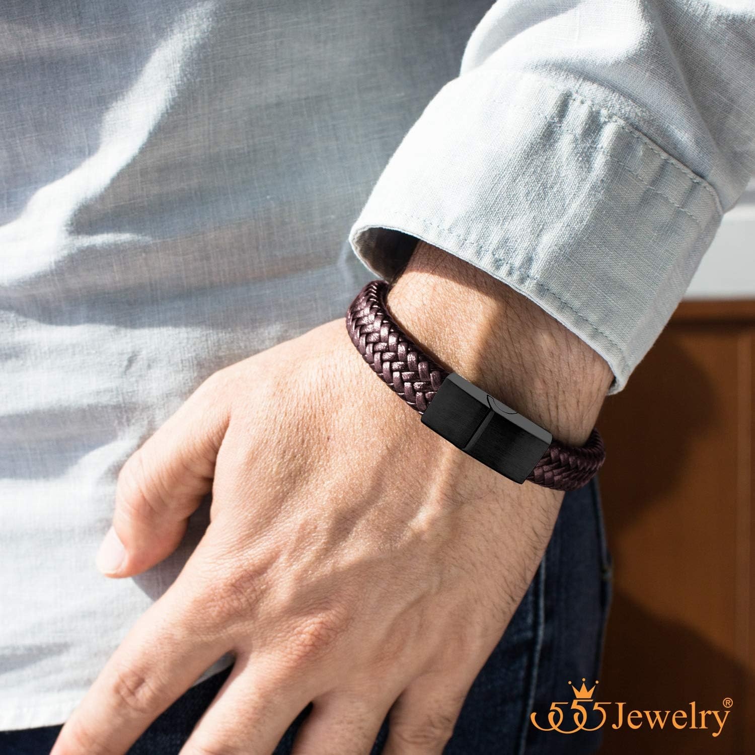 image:image555Jewelry Stainless Steel Magnetic Clasp Braided Brown amp Black Leather Bracelet for MenBrown Leather Black Clasp