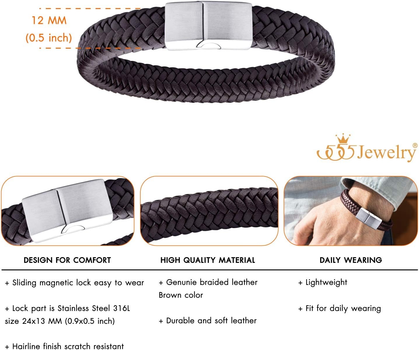 image:image555Jewelry Stainless Steel Magnetic Clasp Braided Brown amp Black Leather Bracelet for MenBrown Leather Silver Clasp